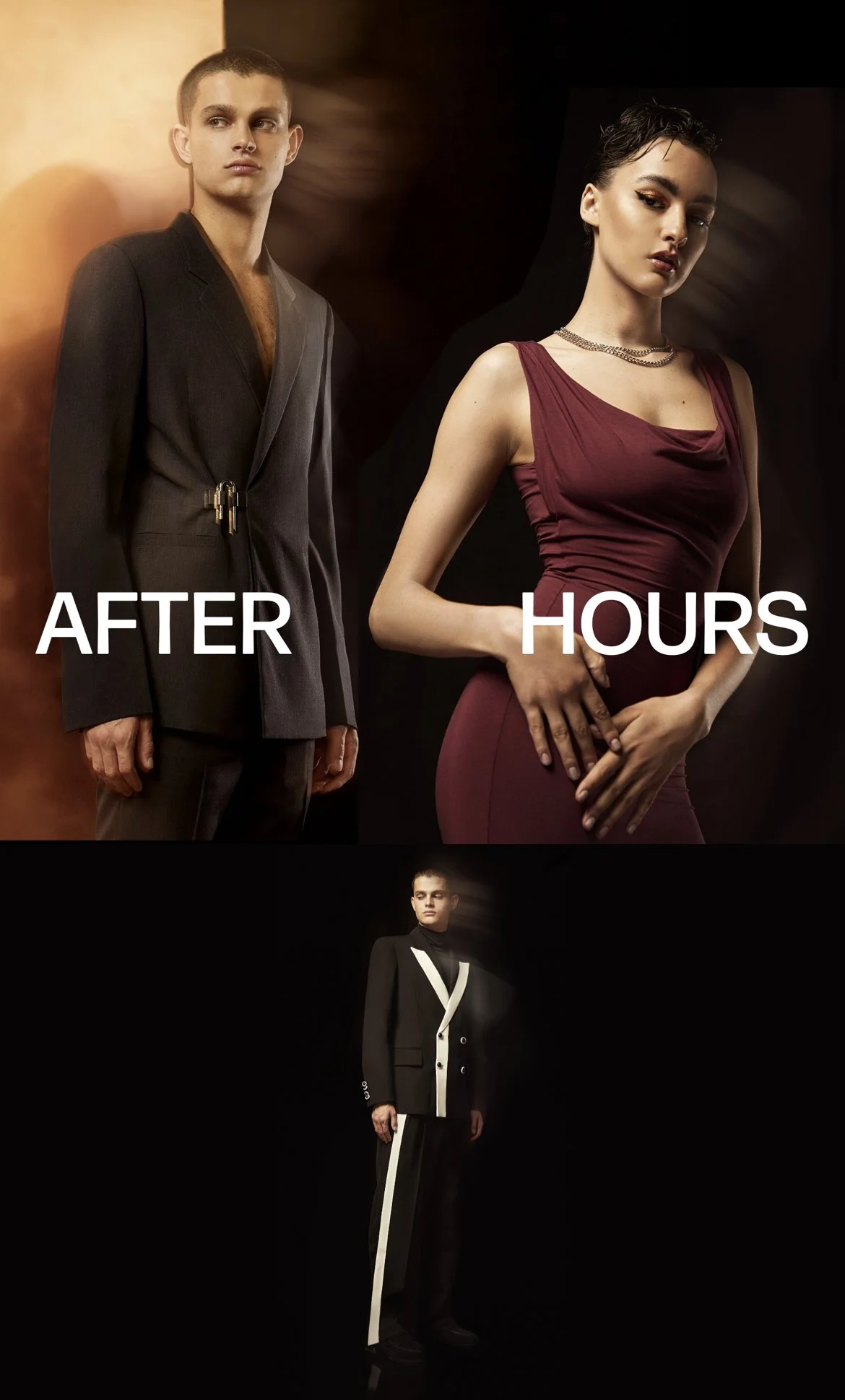 A fashion advertisement showing two models: a man on the left in a dark suit labeled "After" and a woman on the right in a maroon dress labeled "Hours." Below them, a third model in a black and white suit stands against a black background.