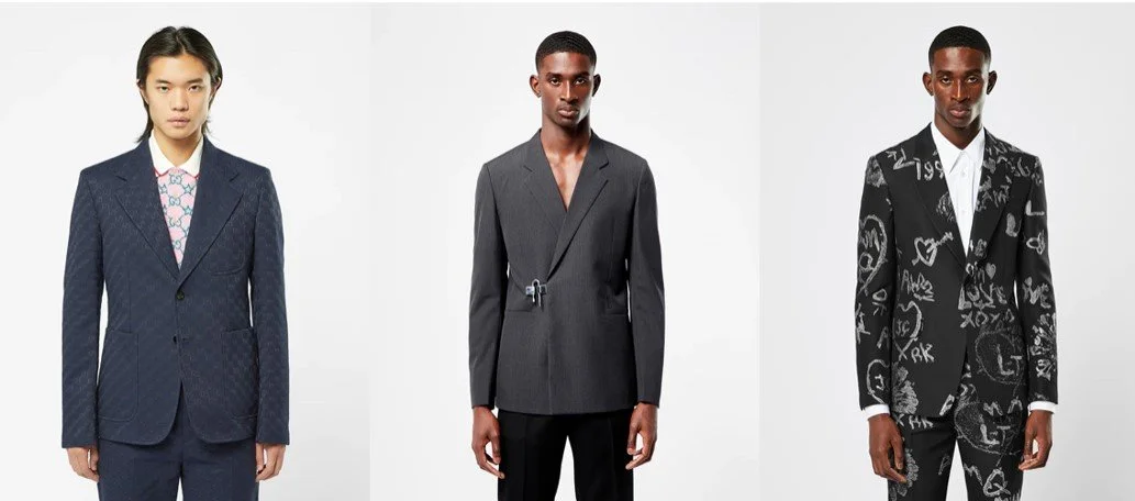 Three models wearing different men's stylish suits on white background.