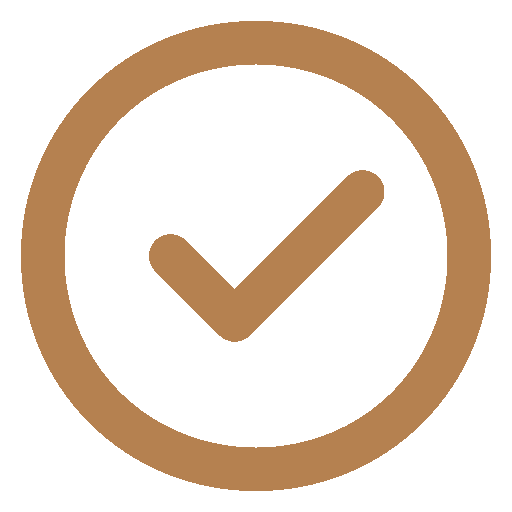 A brown checkmark inside a circular border on a black background.