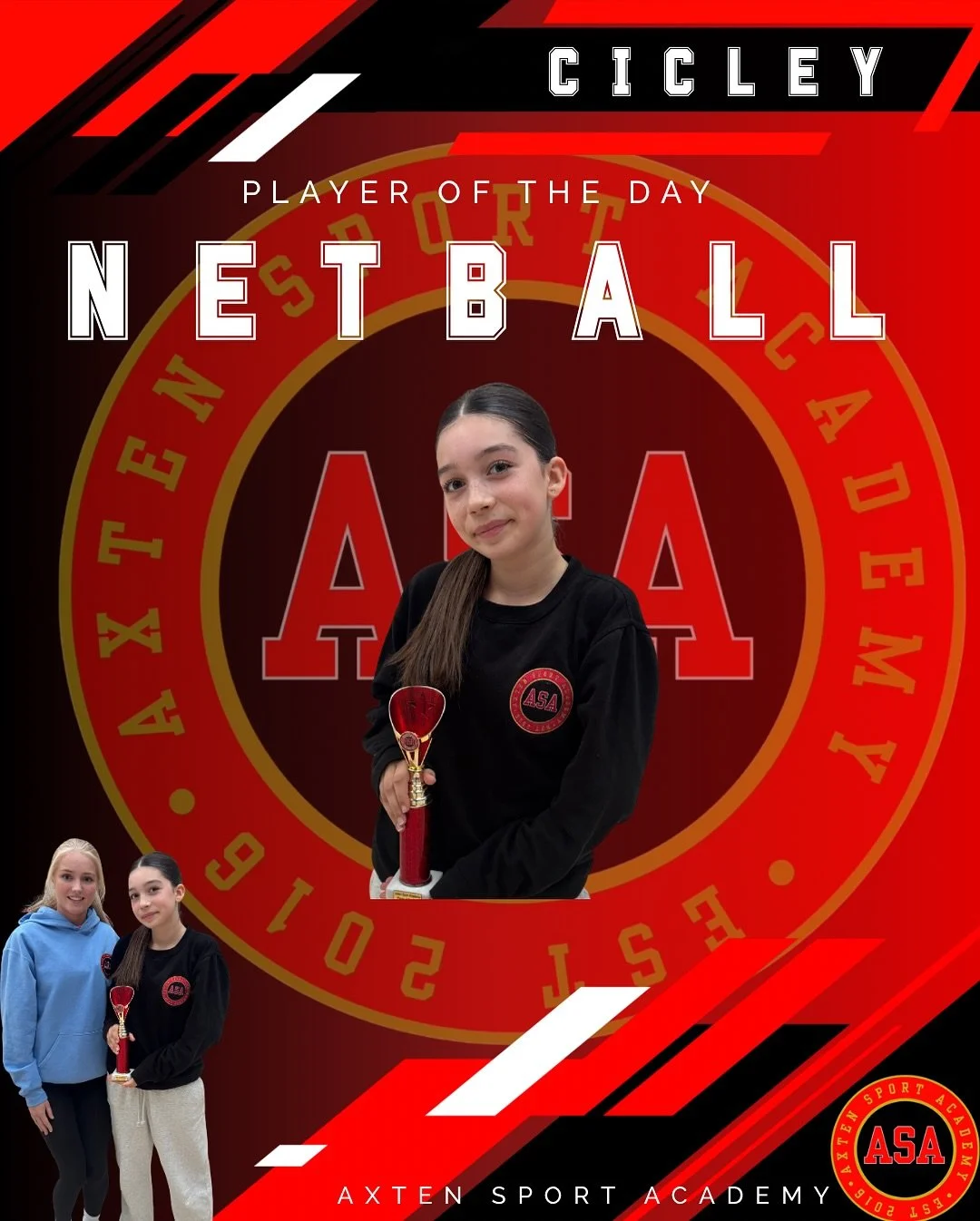 CICLEY

My player of the day goes to this girl because we had our shooting workshop today and she took on all my feedback and improved immensely! During match play her shooting accuracy and technique were outstanding! Later in the day she offered to 