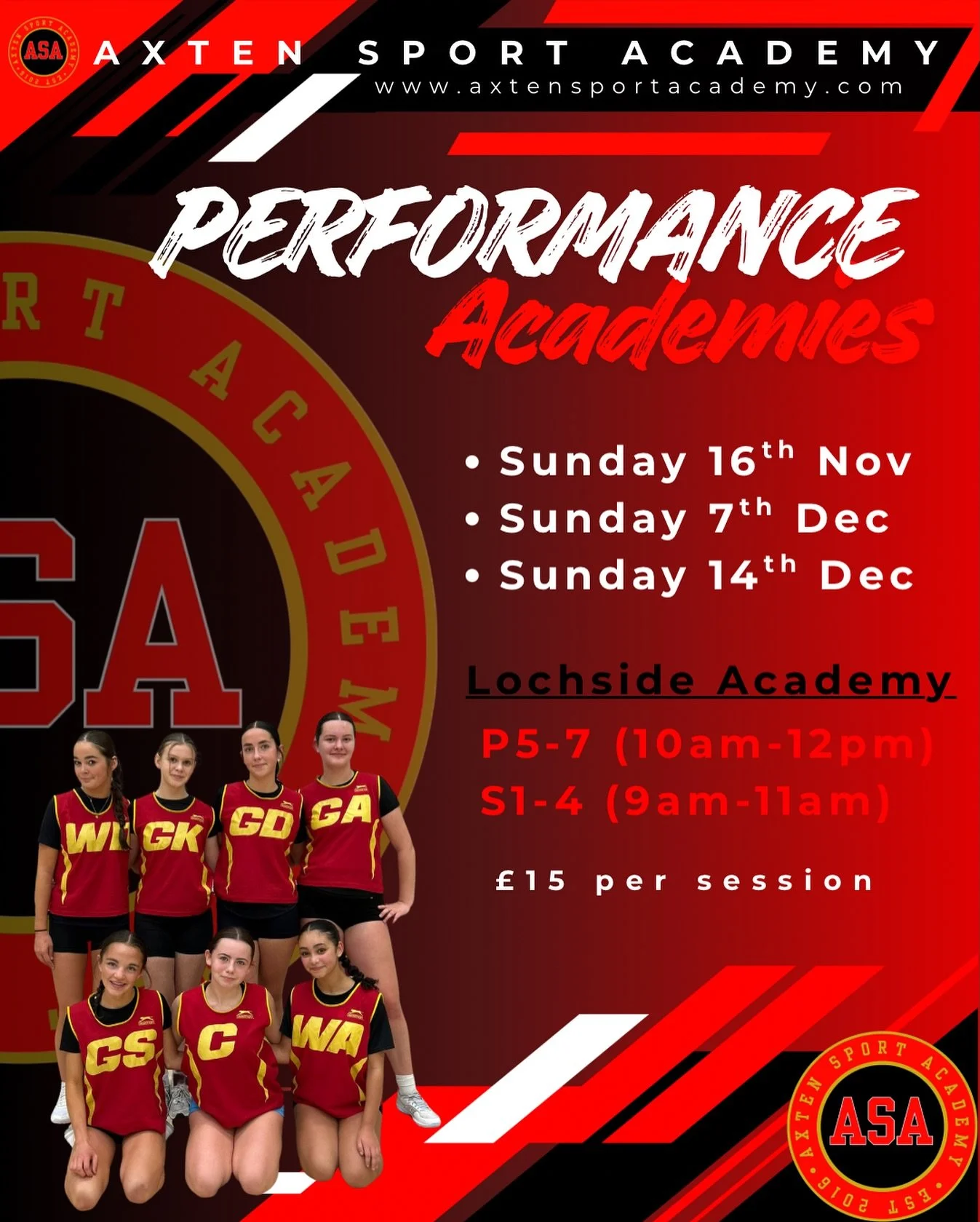 BOOKING IS NOW LIVE! 

🟥 SPACES ARE LIMITED 🟥

Our popular Netball Performance Academies are back! This series shall be at LOCHSIDE ACADEMY!

P5-7 (10am-12pm)
S1-4 (9am-11am) 

Our Performance Academies are for players with previous playing experie