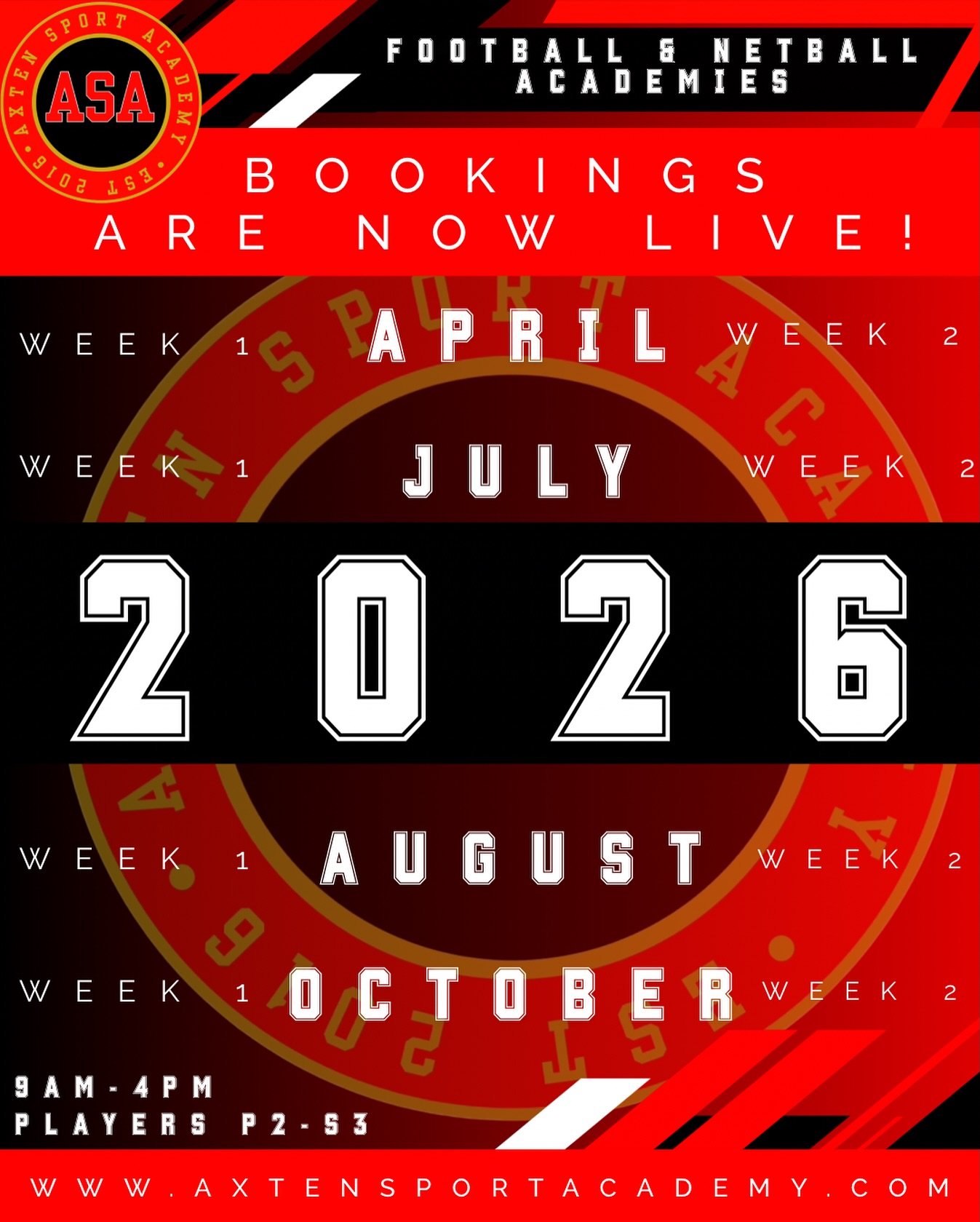 ⚡️DECEMBER DISCOUNT DEAL ⚡️

All of our 2026 Netball and Football Academies are now live on our website!! 

To celebrate our countdown to the New Year we are offering a &pound;50 discount for our full week academy bookings!! 

Book 2 x 2026 Football 