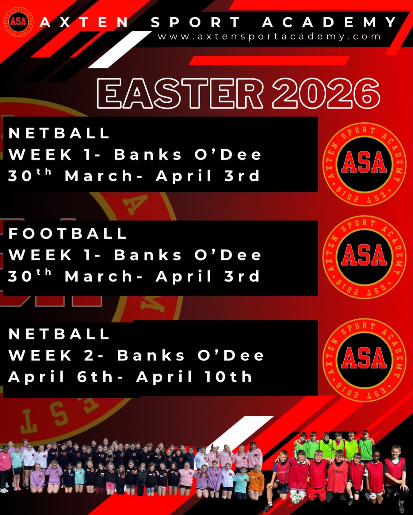 EASTER ACADEMIES ✨ 

WEEK 1&hellip;

FOOTBALL &amp; NETBALL :
Monday 30th March - Friday 3rd April
Banks O&rsquo;Dee Sports Centre 
9am-4pm 

WEEEK 2&hellip;

NETBALL :
Monday 6th - Friday 10th April
Banks O&rsquo;Dee Sports Centre 
9am-4pm 

Book yo