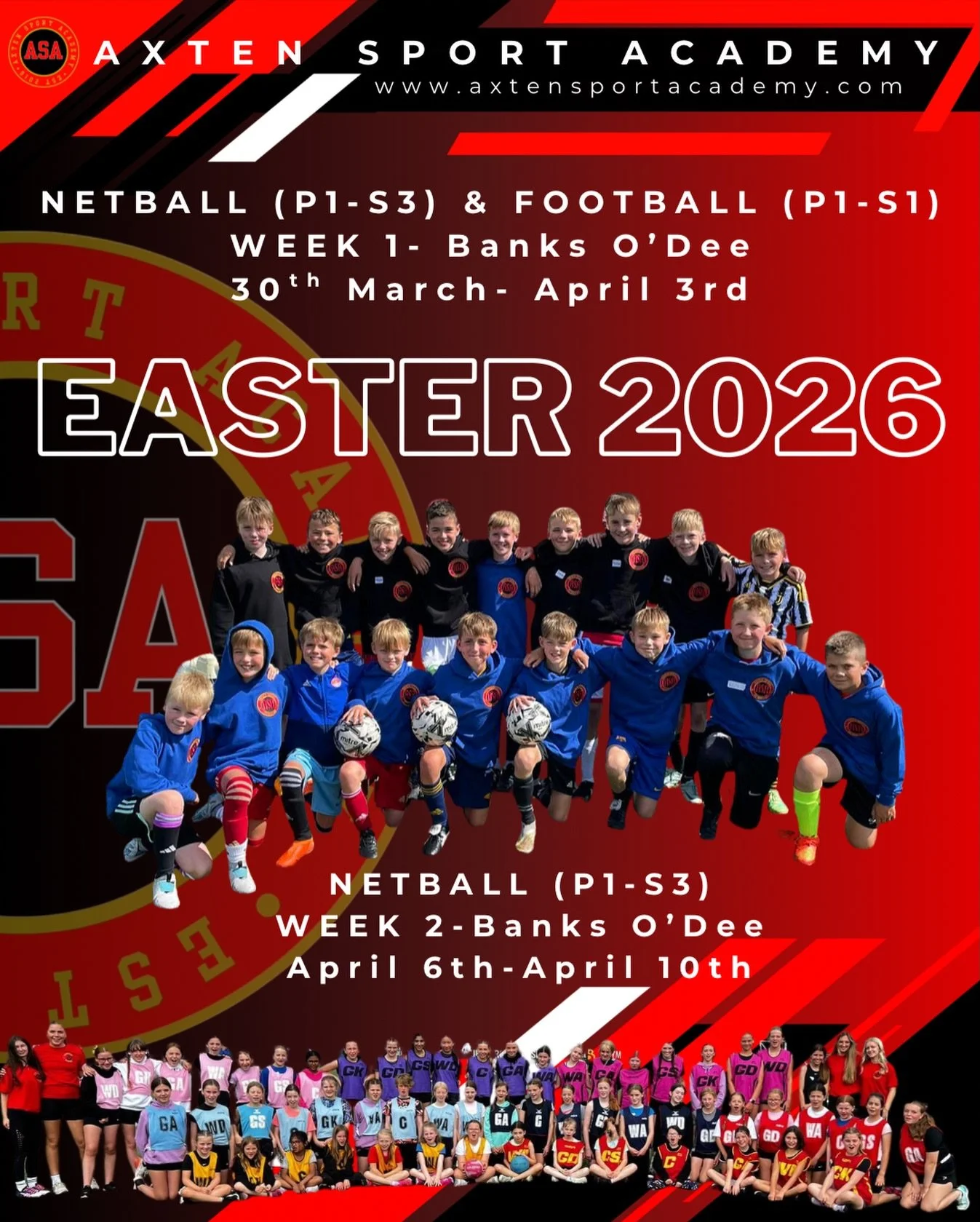 AXTEN SPORT ACADEMY ✨ 

Easter 2026 

⚽️ P1-S1 Football Academy
🏐 P1-S3 Netball Academy

📍 Banks O&rsquo;Dee Sports Academy (9am-4pm)

Full week -&pound;160 
Day Rate- &pound;42
Axten Kit - &pound;15

We can&rsquo;t wait to welcome all of our playe