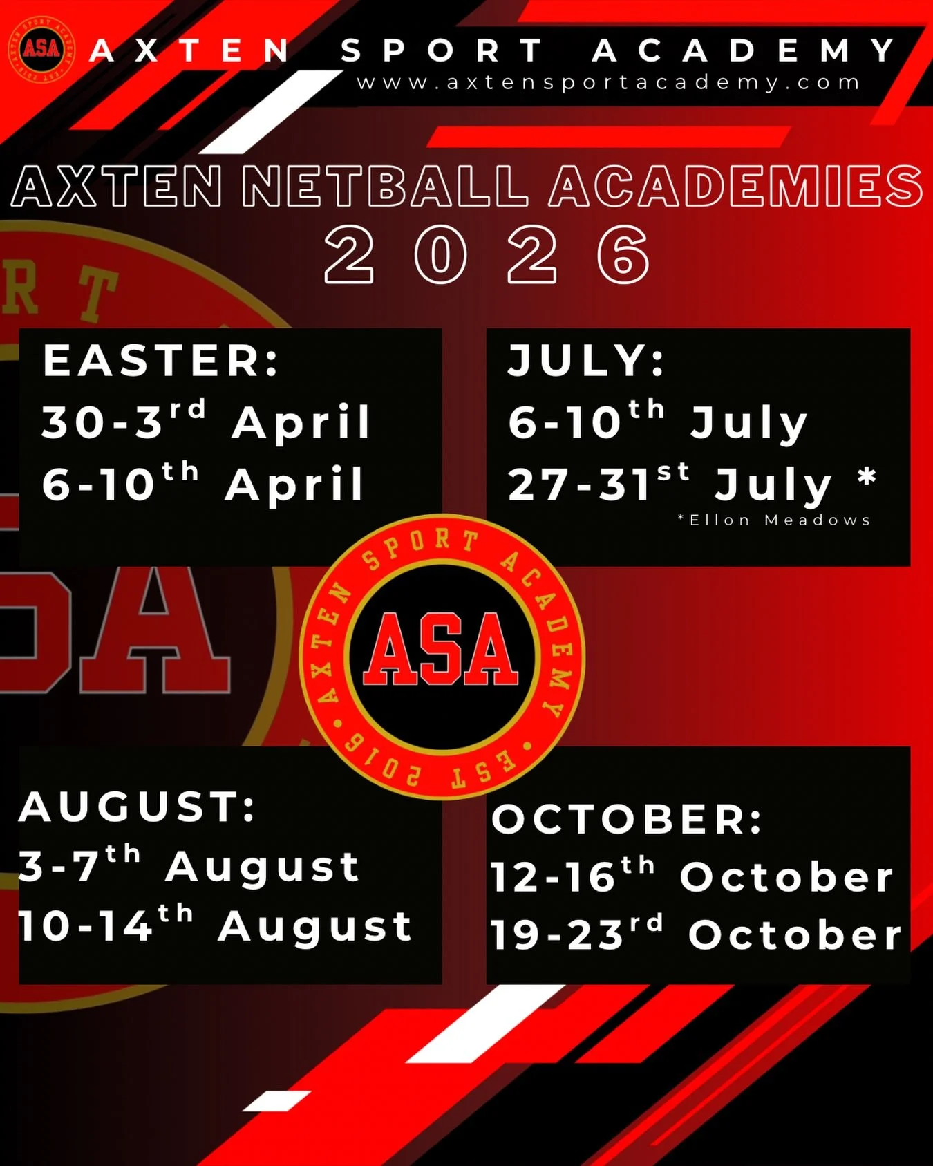 PLAN YOUR YEAR WITH AXTEN ✨ 

With the Easter holidays just around the corner, why not plan for the year ahead with ASA! 

Players P1-S3 

9am-4pm 

Banks O&rsquo;Dee Sports Centre, Aberdeen (AB12 3AB)

Indoor and Outdoor Facilities to keep our playe