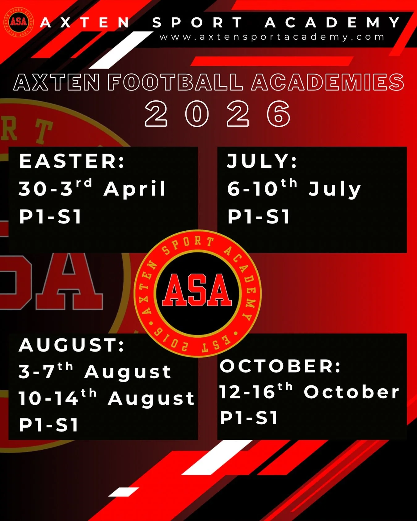 PLAN YOUR YEAR WITH AXTEN ✨ 

With the Easter holidays just around the corner, why not plan for the year ahead with ASA! 

Players P1-S1

9am-4pm 

Banks O&rsquo;Dee Sports Centre, Aberdeen (AB12 3AB)

Indoor and Outdoor Facilities to keep our player