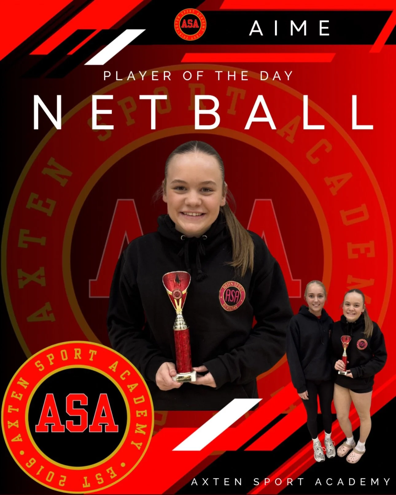 NETBALL PLAYER OF THE DAY 🏆

Tuesday:

AIME
My Player of the Day goes to this girl because today we focused on shooting technique. Although she usually plays in the mid-court, today she stepped into the shooting positions, showing excellent techniqu