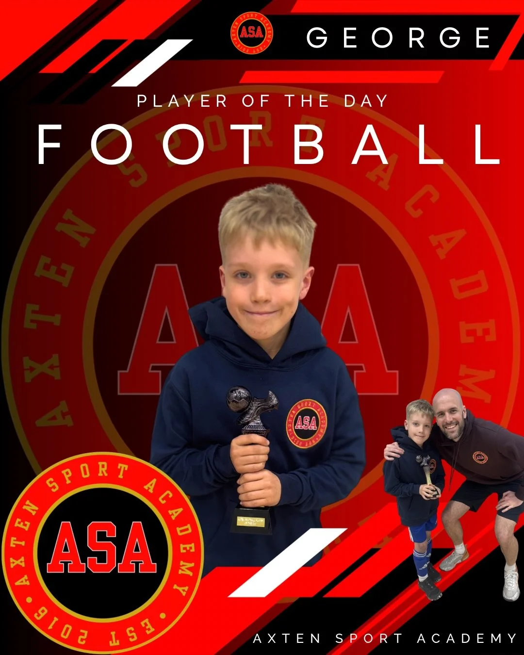 FOOTBALL PLAYER OF THE DAY 🏆

Wednesday:

GEORGE
George is our Player of the Day after an outstanding display of shooting power and accuracy. He scored some unbelievable top bins finishes throughout the matches, leaving everyone impressed. Nobody wi