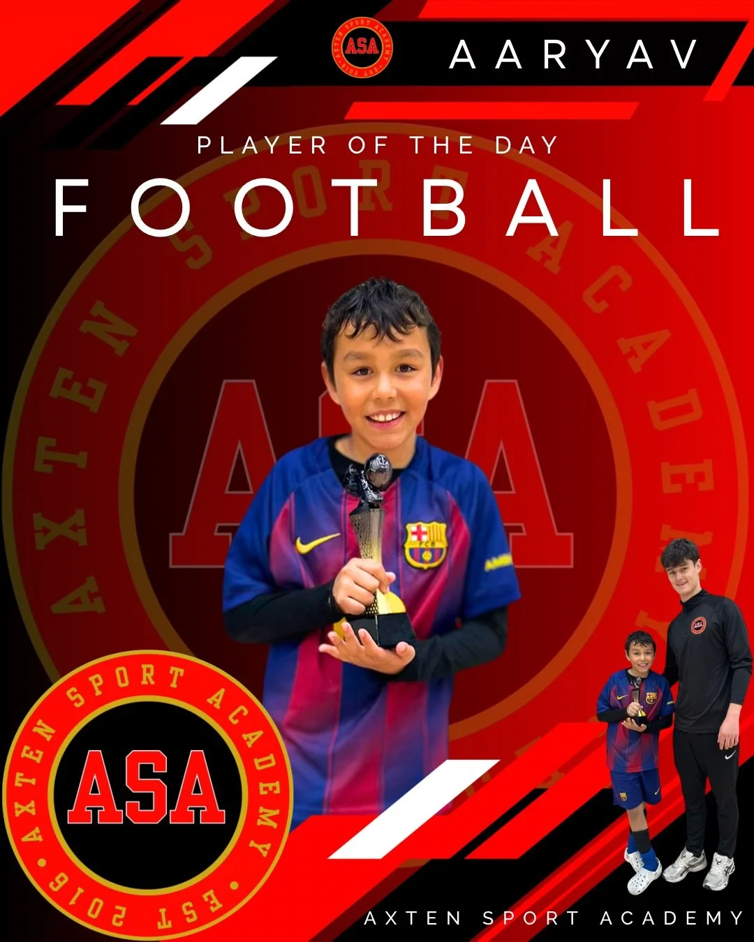 FOOTBALL- Player of the day! 🏆 

AARYAV
Aaryav is our Player of the Day after a superb contribution to his team in both the whole camp tournament and the small-sided games. He showed strong technical ability throughout and demonstrated a fantastic a