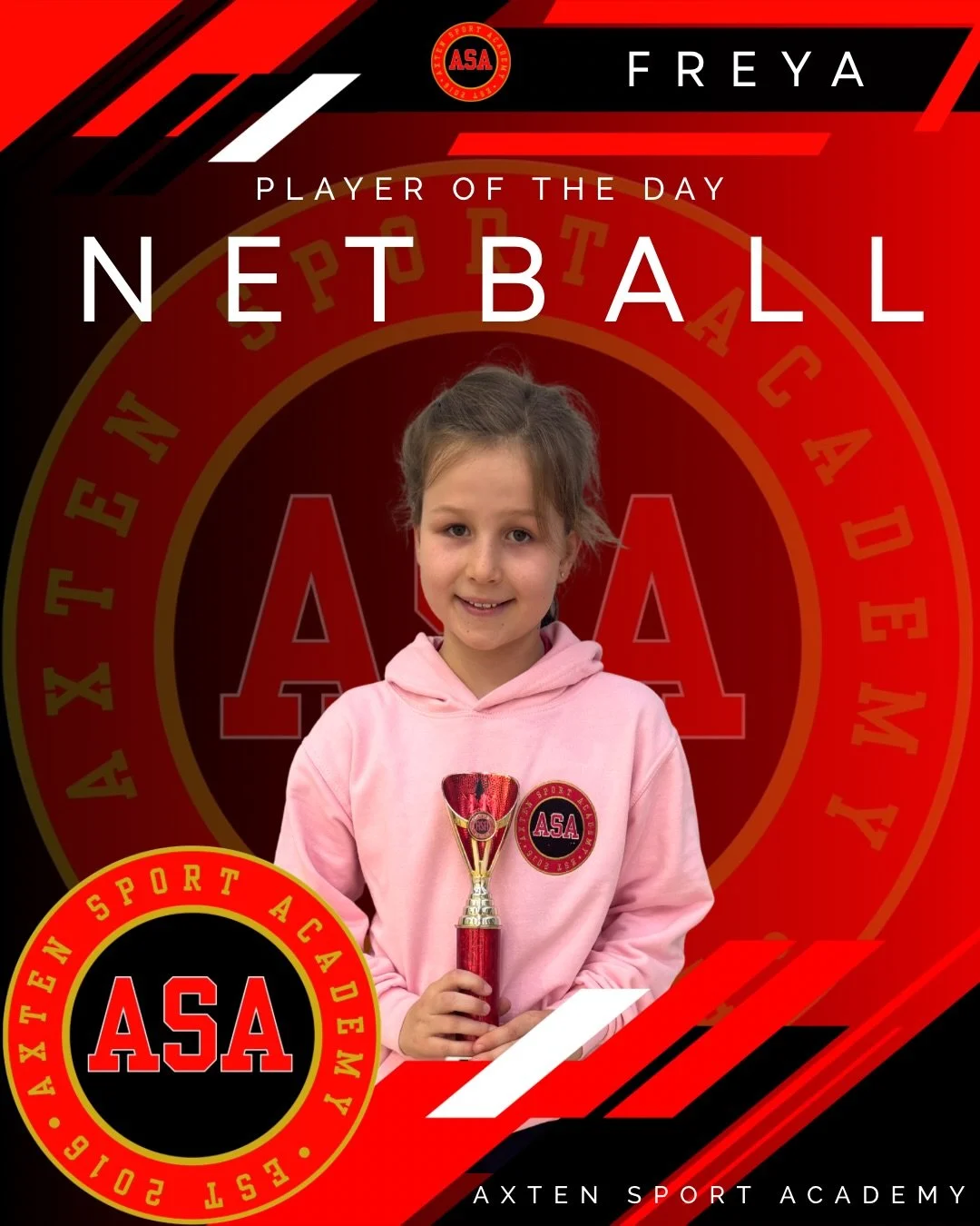 AXTEN NETBALL ACADEMY- Player of the Day 🏆

FREYA 🏆 
My player of the day goes to someone who has given 100% in every activity that we did today. She worked well with everyone she played with and put in loads of effort in both match play and when w