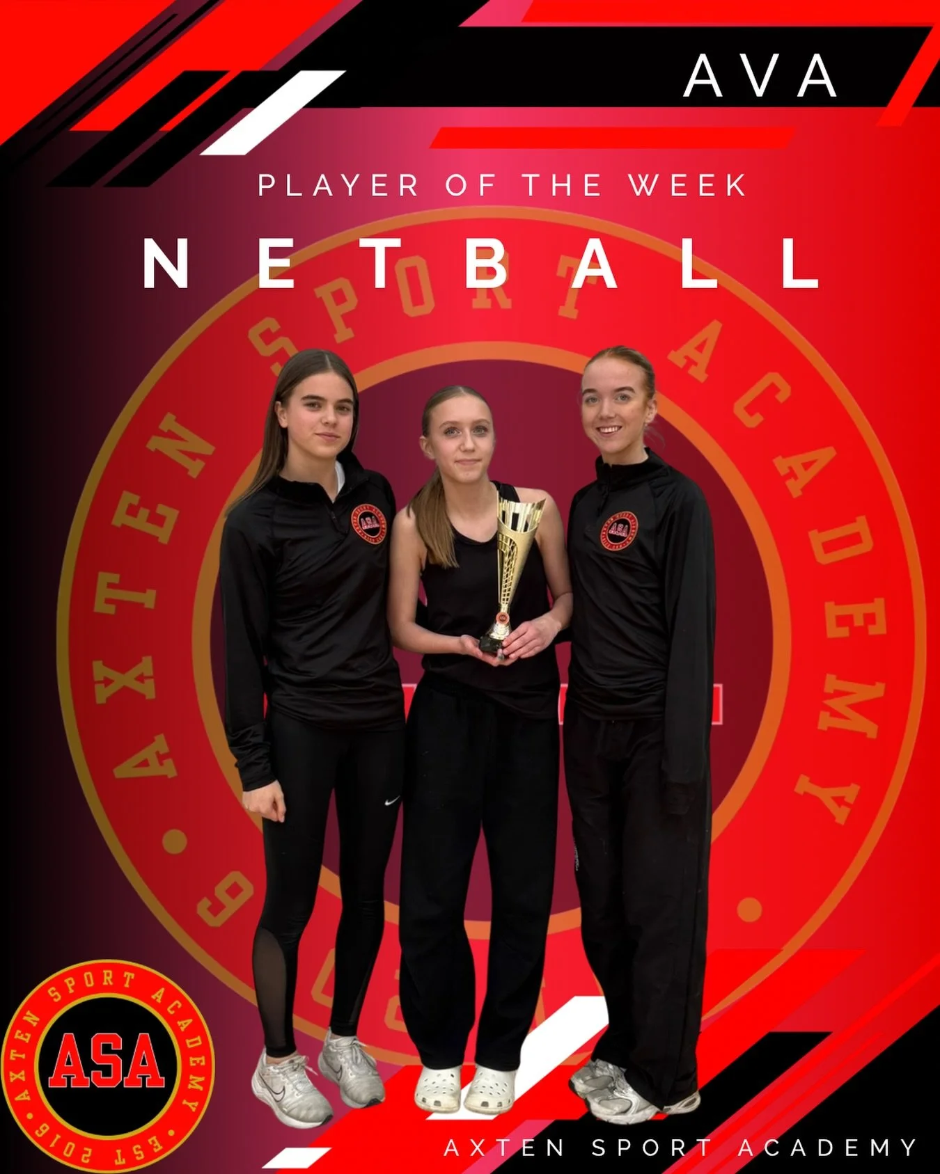 AXTEN NETBALL- PLAYER OF THE WEEK ✨

Easter Academy #2 

💫 AVA 💫 

Our Player of the week goes to a girl who has truly embodied all of the Axten Sports Academy values this week.
She is such a well-rounded player, arriving at the academy each day wi