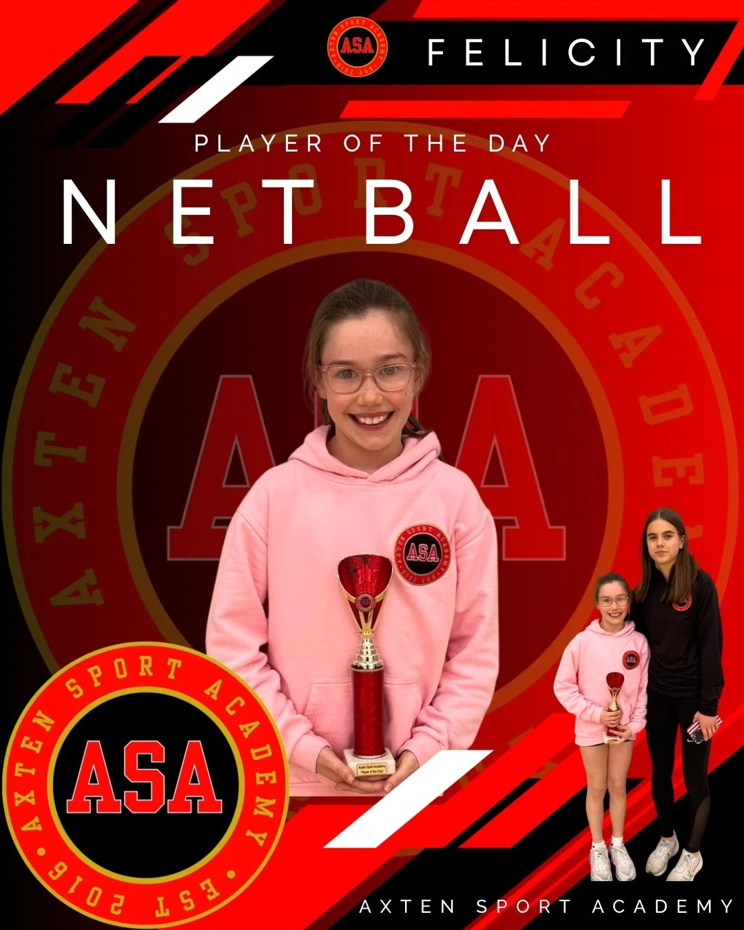 AXTEN NETBALL - Player of the Day 🏆 

FELICITY
My player of the day goes to a girl who has worked really hard throughout this week. She has improved her attacking skills massively and taken on all the advice she&rsquo;s given. She has tried new skil