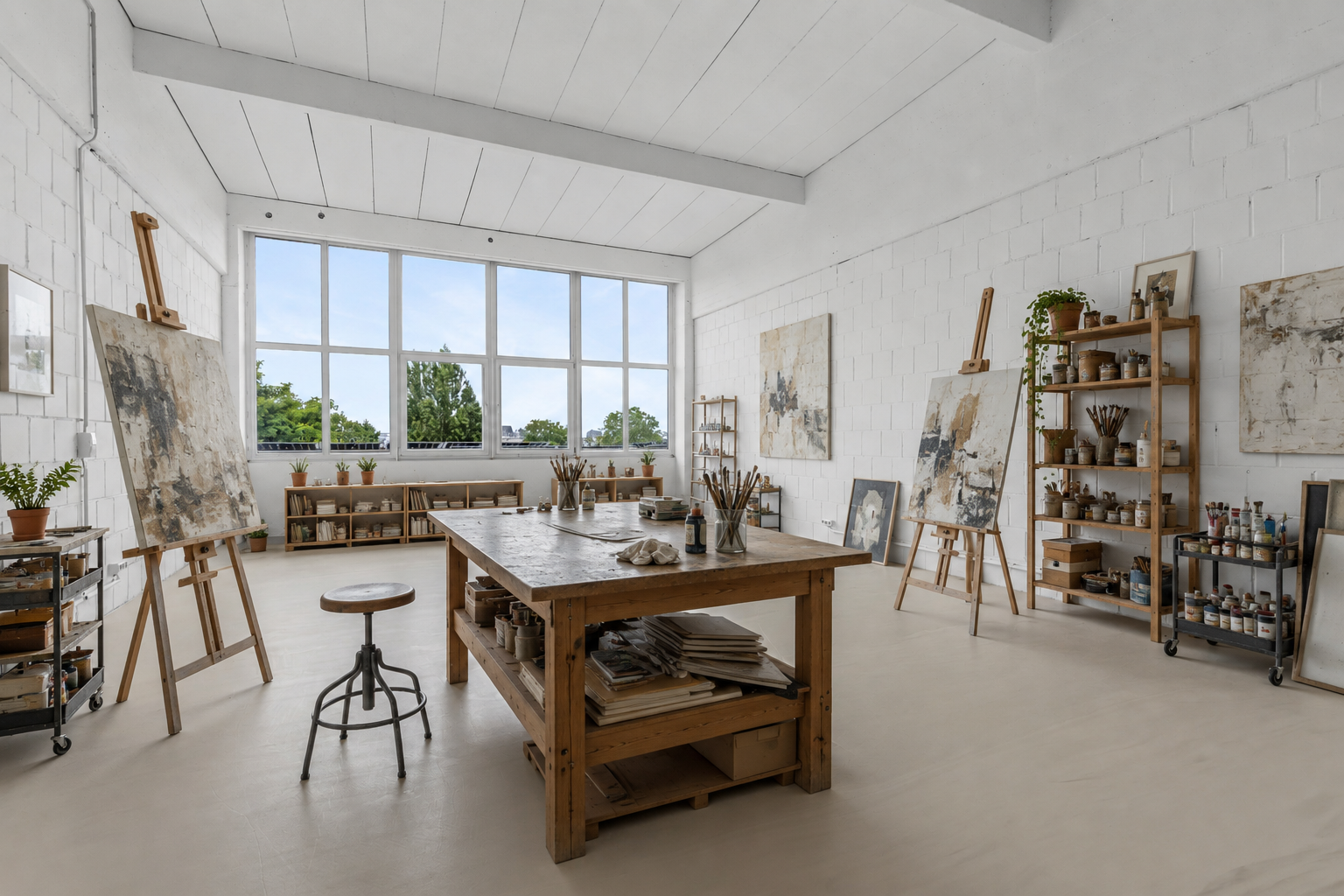 Künstleratelier mit großen Fenstern, Holztisch, Staffeleien, Regale mit Farben und kunstwerke, Pflanzen, natürliches Licht.