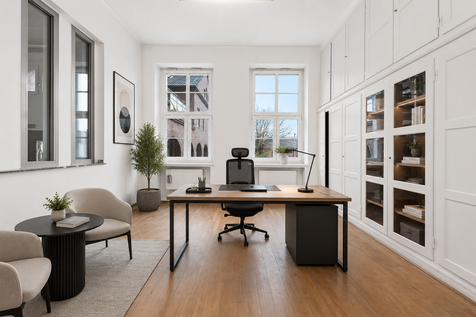 Helles Büro mit Holzfußboden, weißen Wänden, einem großen Schreibtisch, einem schwarzen Bürostuhl, einer Stehlampe, zwei großen Fenstern und einem Bücherregal