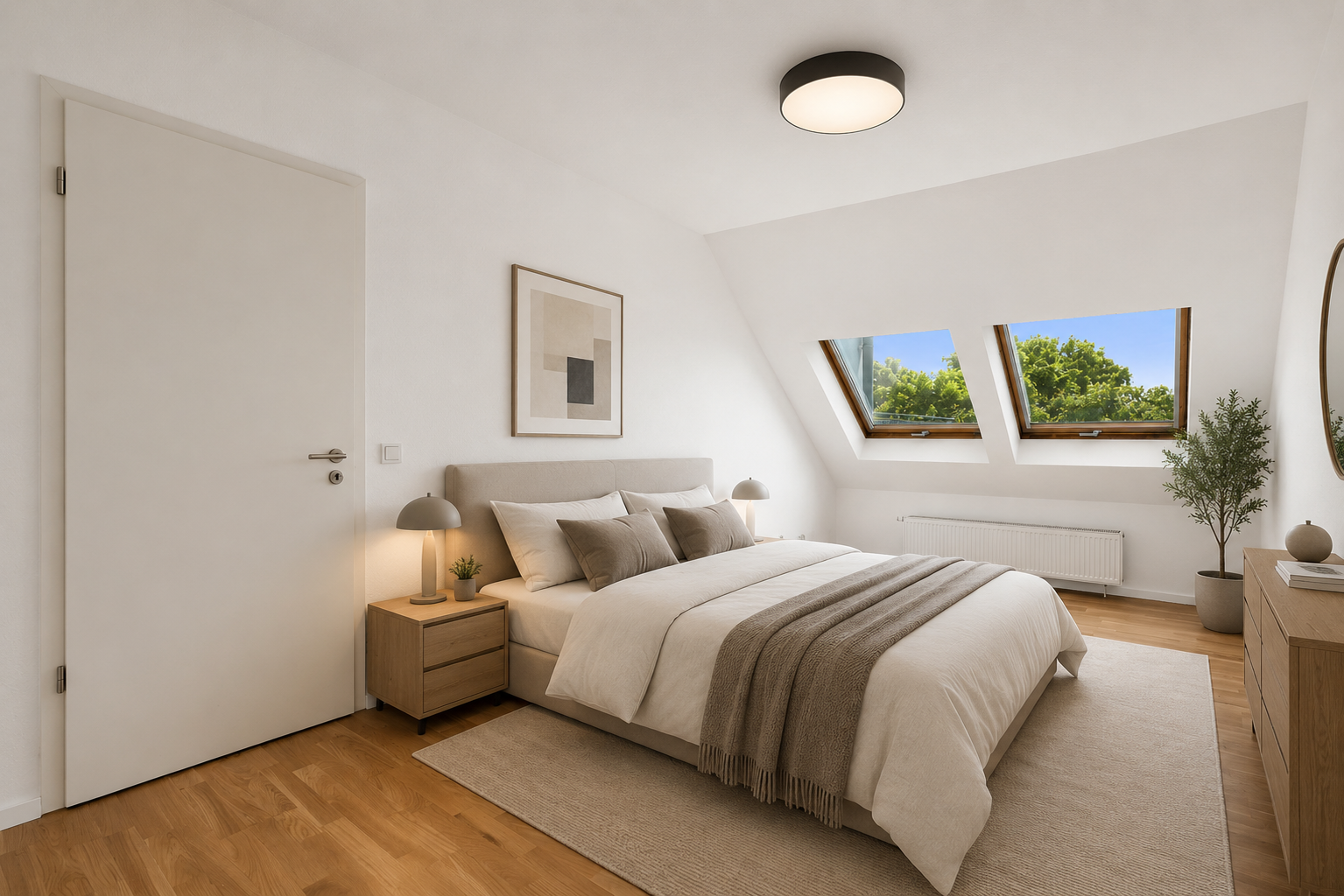 Schlafzimmer mit weißen Wänden, Doppelbett, Nachttisch mit Lampe und Pflanze, zwei Dachfenster mit Blick auf grünen Himmel und Bäume, Holzfußboden, Wanddeko, Holzkommode und Pflanze.