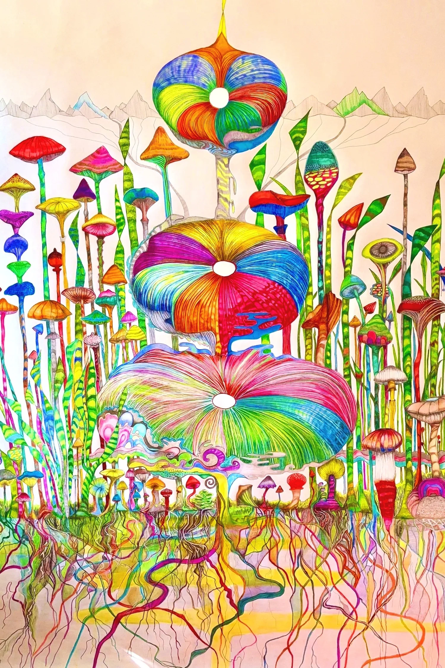 "Plants, flowers, mushrooms"
The root system is fundamental to this work, as it illustrates not only the root systems of plants but also our connectivity with one another. 