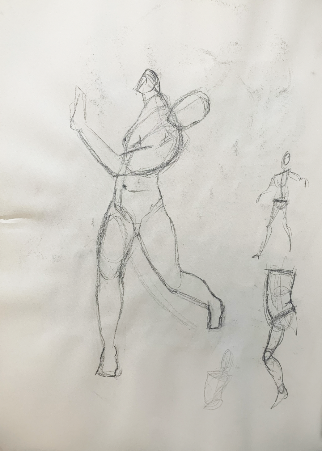 Sketch of multiple human figures in dynamic poses, with the main figure in the center having muscular features, one arm raised, and a shield on its back, indicating a possibly heroic or athletic stance.