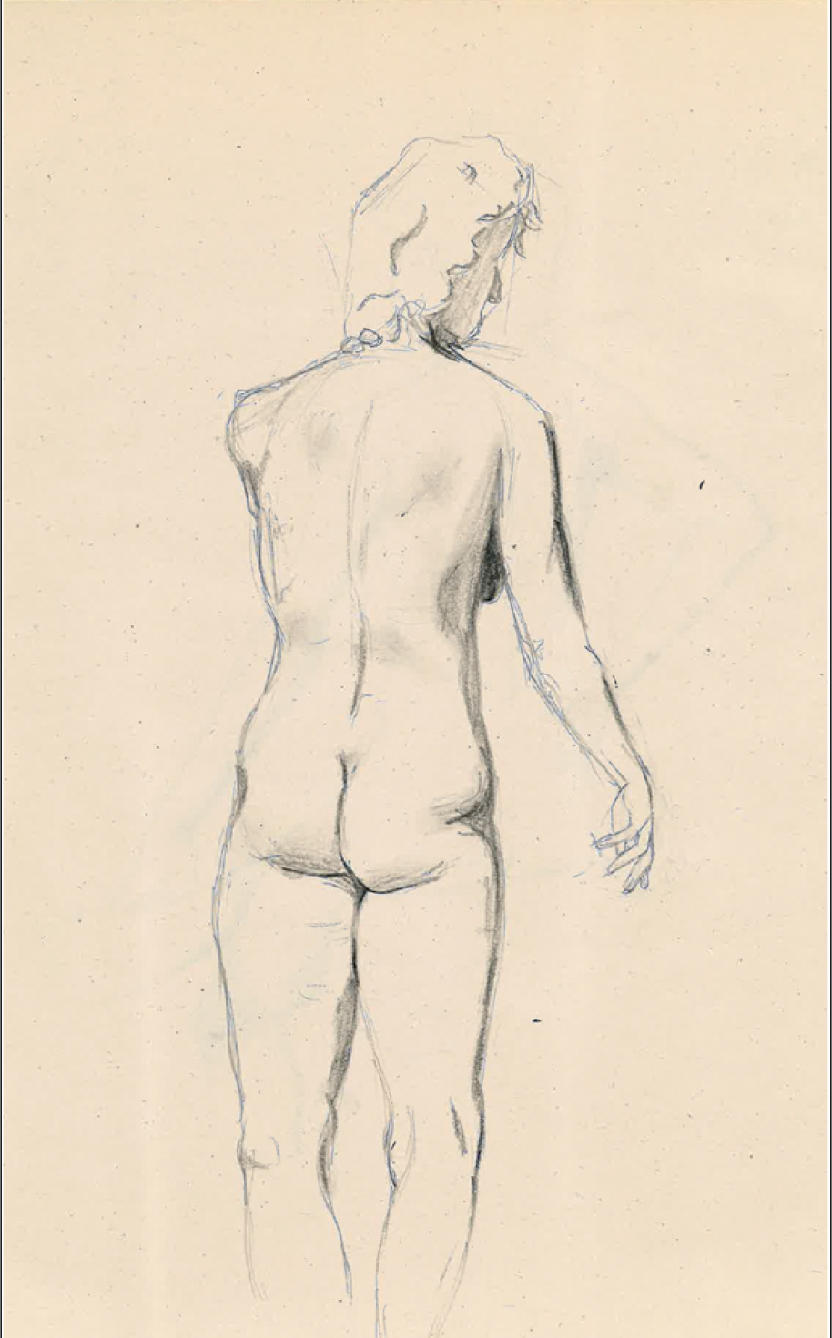 A pencil sketch of a nude woman viewed from the back, with short hair, standing with one arm slightly bent and the other hanging down.