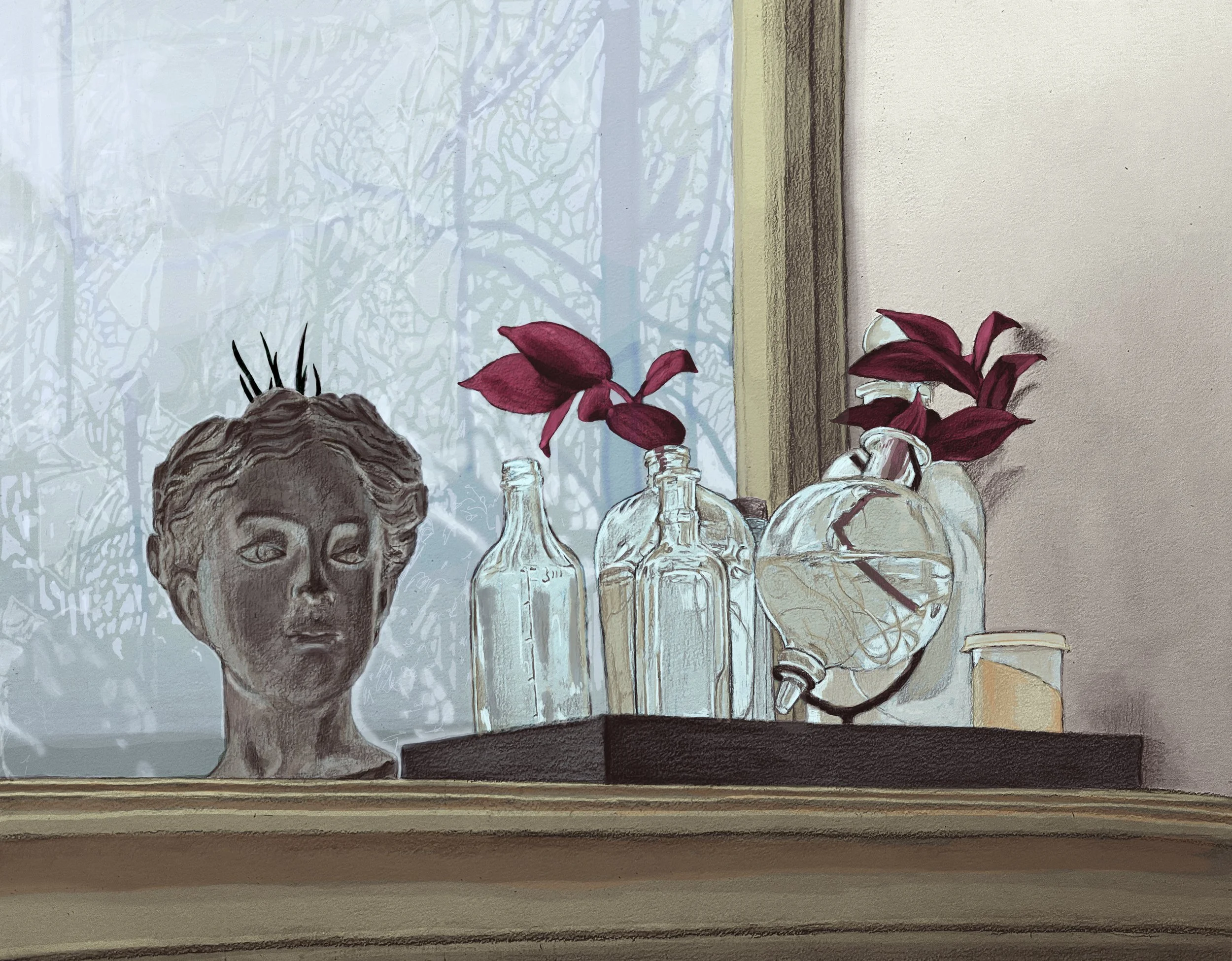 Decorative arrangement on a shelf with a bust of a woman, glass bottles with red and purple leaves, a clear glass globe, and a small container, set against a background of frosted window with a shadow of tree branches.