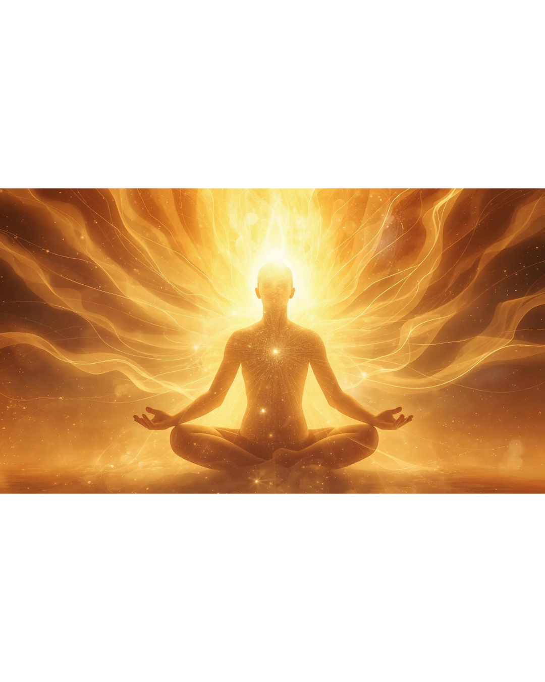 Silhouette of a person sitting cross-legged in a meditation pose with a radiant, glowing background of golden light and energy waves.
