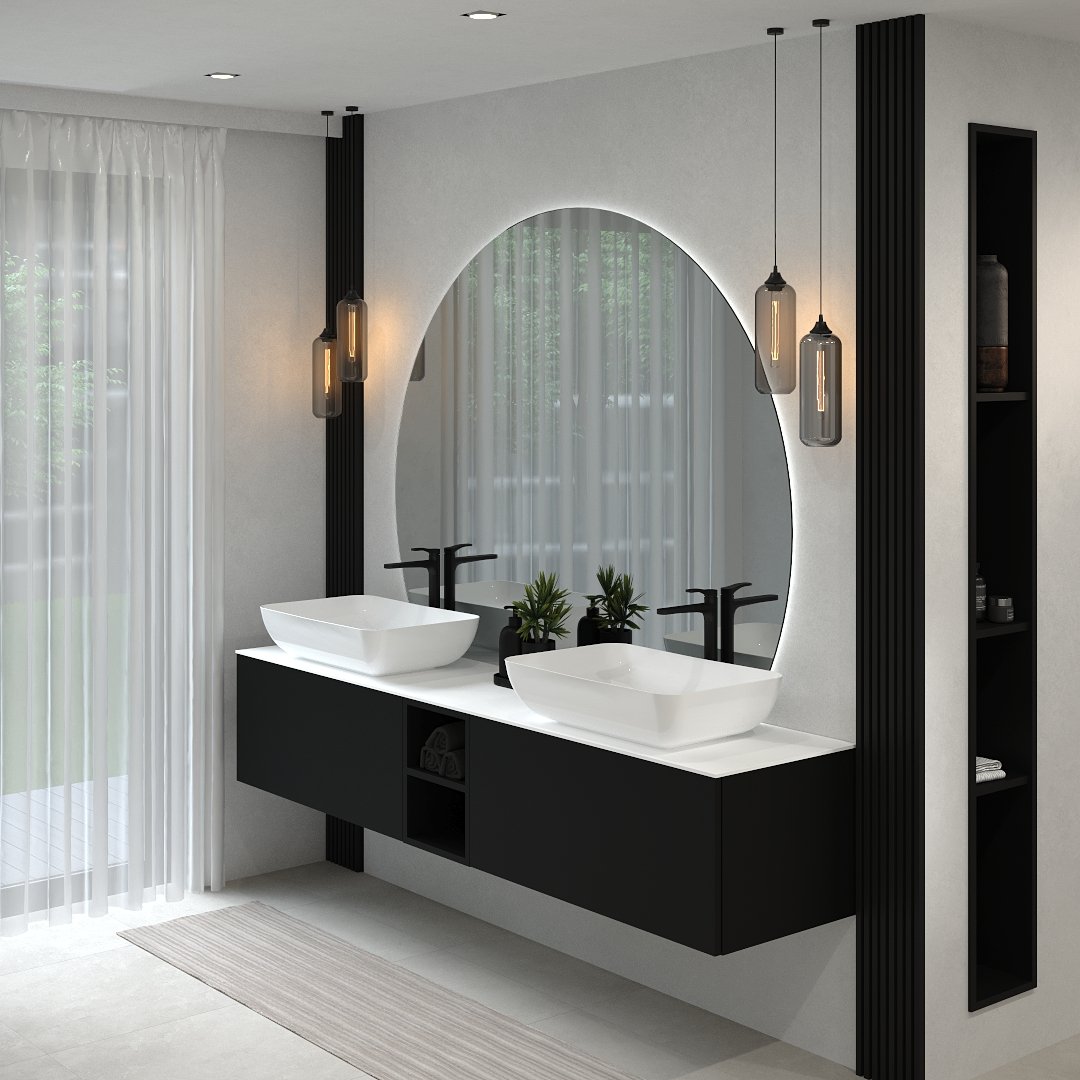 Moderner Badezimmerraum mit Doppelwaschbecken, großem runden Spiegel, schwarzen Hängeleuchten, dunklerm Unterschrank und weißen Vorhängen.