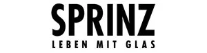 Logo von Sprinz mit dem Slogan 'Leben mit Glas' in Schwarz-weiß.