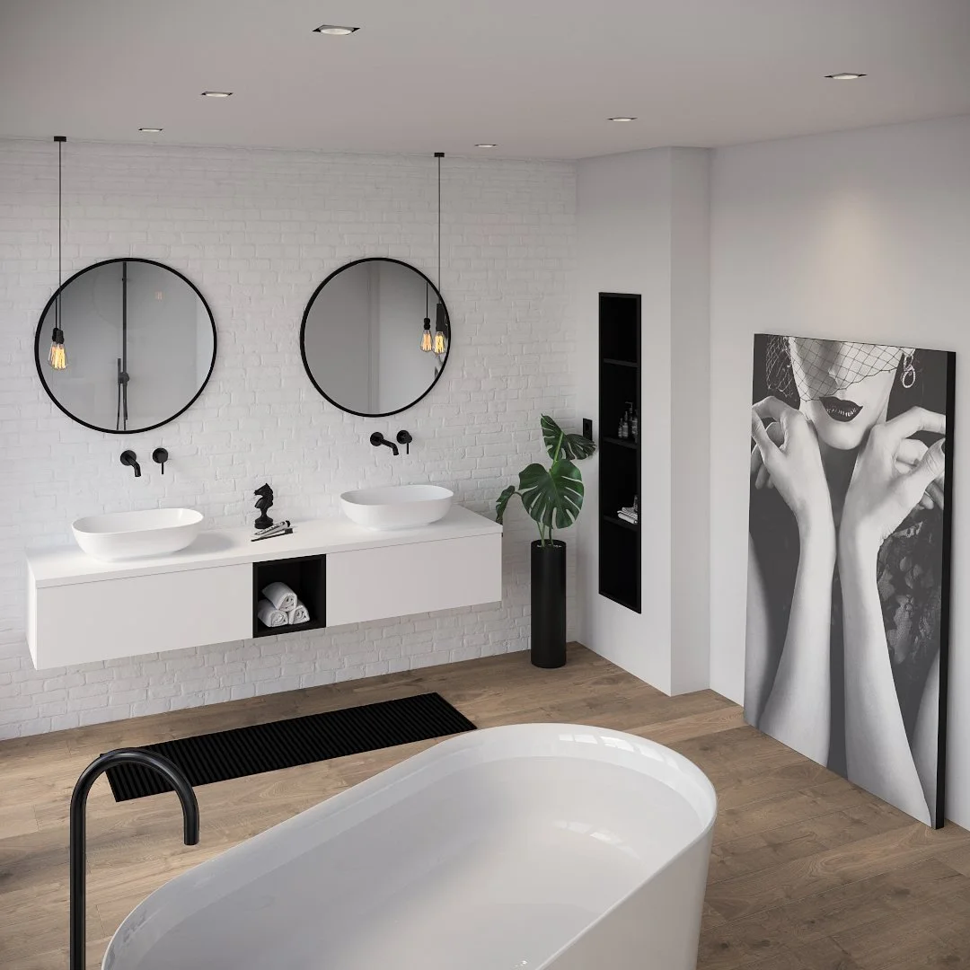 Moderne Badezimmer mit runden Spiegeln, weißen Waschbecken, einer schwarzen Skulptur, einer Pflanze in einem schwarzen Topf, einer schwarzen List, einem großen Schwarz-Weiß-Fotografie an der Wand und einer Badewanne.
