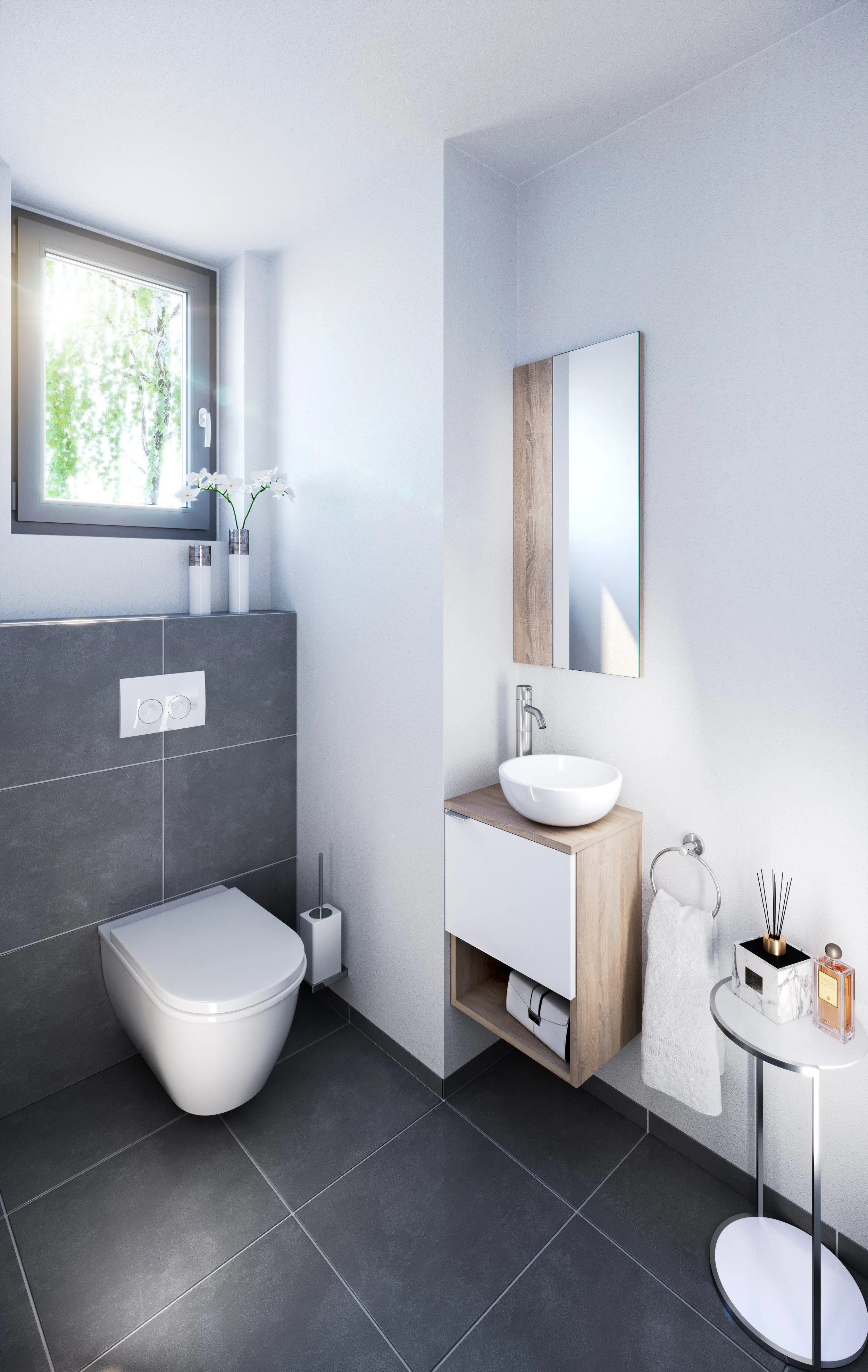 Modernes Badezimmer mit WC, Waschbecken, Spiegel, kleinen Fenster und grauen Fliesen.