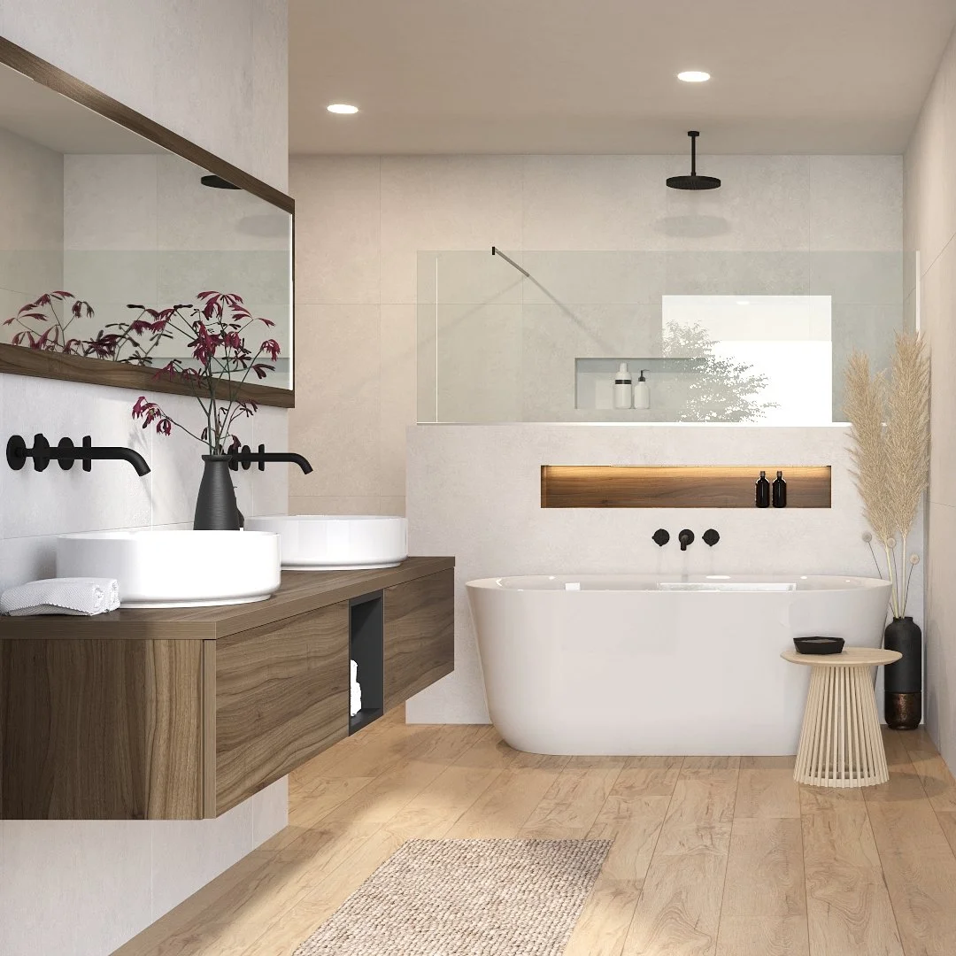 Moderne Badezimmer mit Doppelwaschbecken, Spiegel, Holzregal, freistehende Badewanne, Dusche mit Glaswand, Holzboden und Dekorationen wie eine Vase mit roten Blättern und Pampasgras.