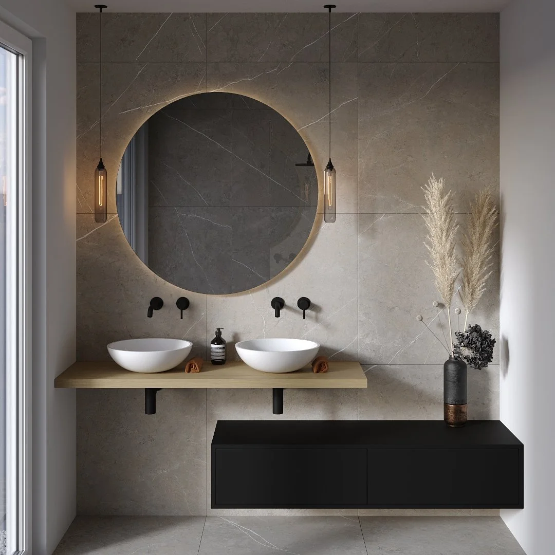 Modern Badezimmer mit Doppelwaschbecken, runder Spiegel mit Hintergrundbeleuchtung, hängende schwarzen Beleuchtung, schwarze Schrank, Vase mit Pampasgras