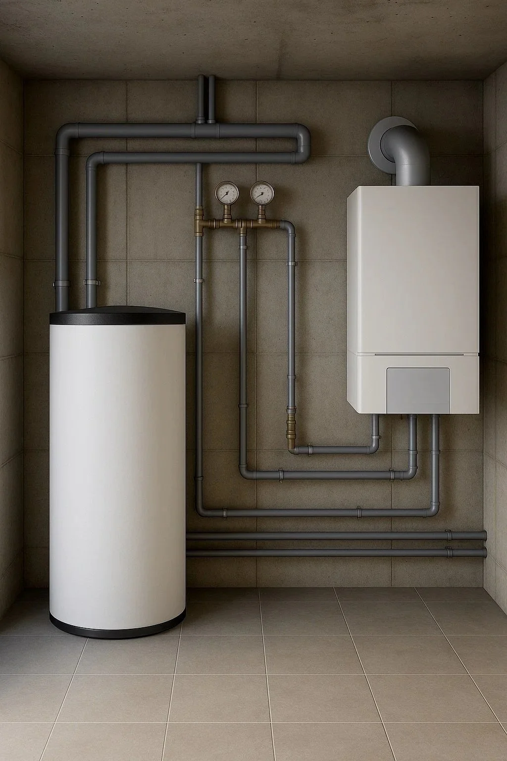 Beschriebene Heizungsanlage mit Rohren, zwei Druckanzeigen und einem weißen Heizkessel in einem Heizraum.