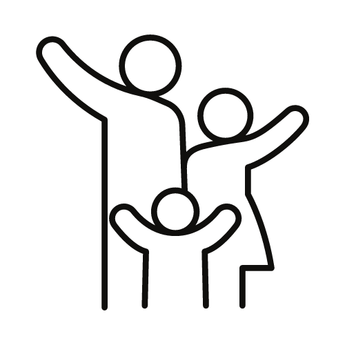 Strichzeichnung von drei Menschen, die zusammen Freude zeigen, mit offenen Armen, symbolisch für Gemeinschaft und Glück.