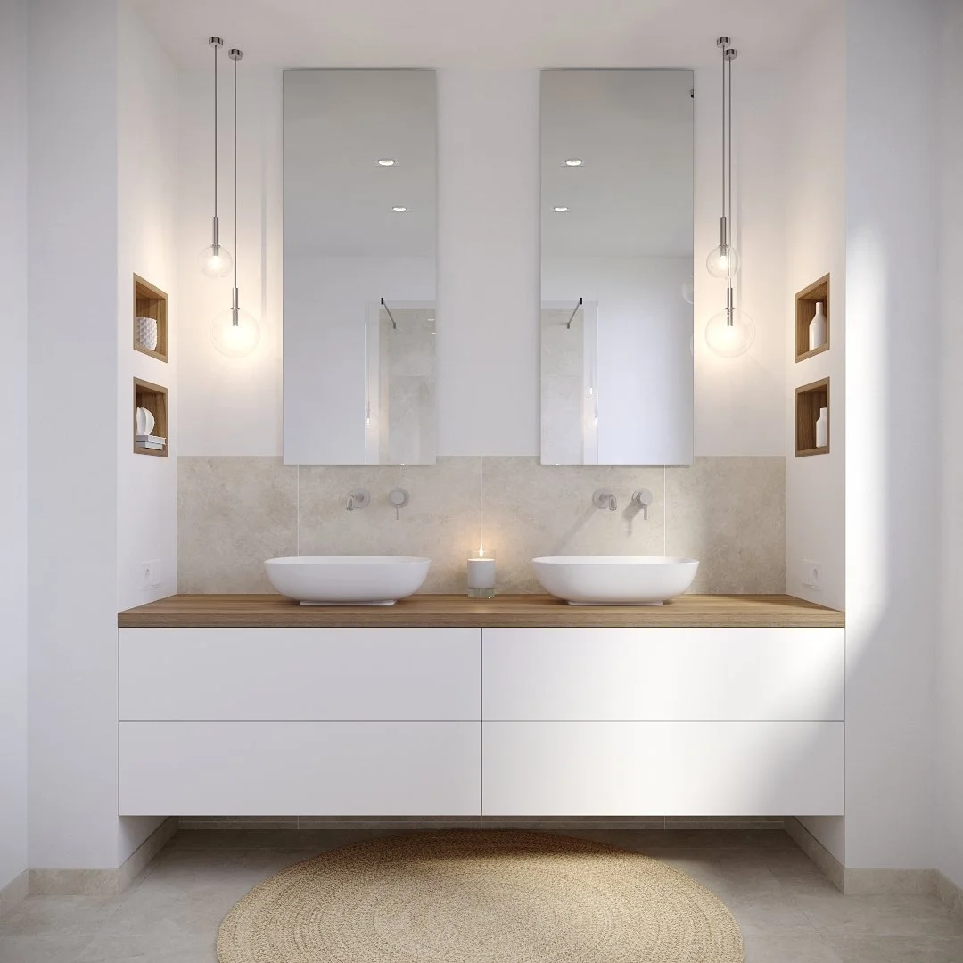 Moderner, minimalistischer Badezimmer Doppelwaschtisch mit zwei ovalen Waschbecken, zwei großen Spiegeln, zwei Hängeleuchten und Nische mit Dekorationsgegenständen.