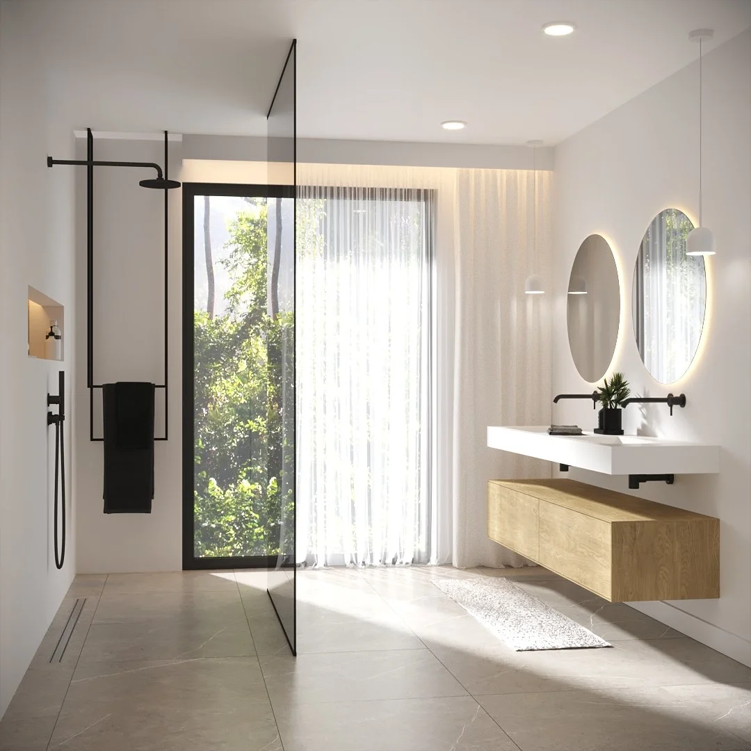 Modernes Badezimmer mit weißer Wand, ovalen Spiegeln, einer weißen Waschtischplatte, einem Holzunterbau, einem schwarzen Wasserhahn und Pflanzen, großes Fenster mit Vorhängen, hellem Boden und natürlichem Licht.