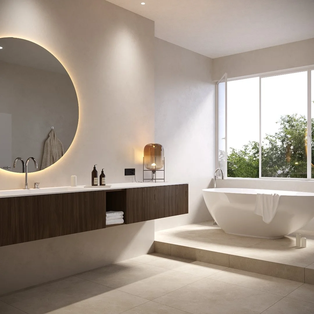 Modernes Badezimmer mit freistehender Badewanne, großem Fenster, Waschtisch mit runden Spiegel und minimalistischer Dekoration.