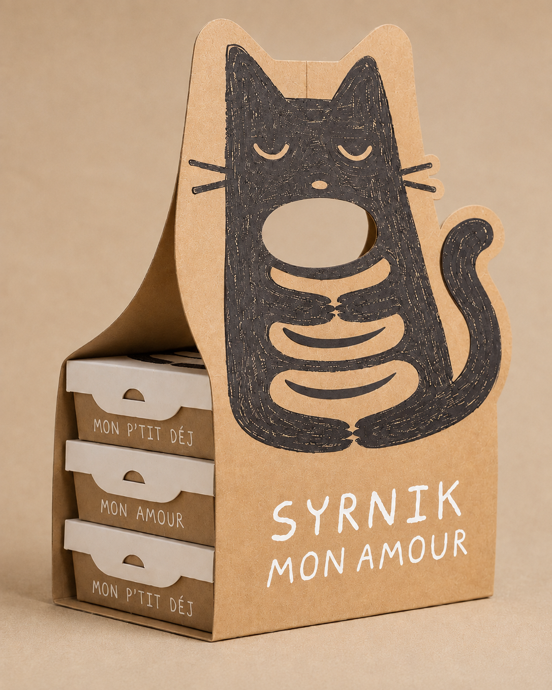 Packaging Syrnik, boîte illustrée avec un chat