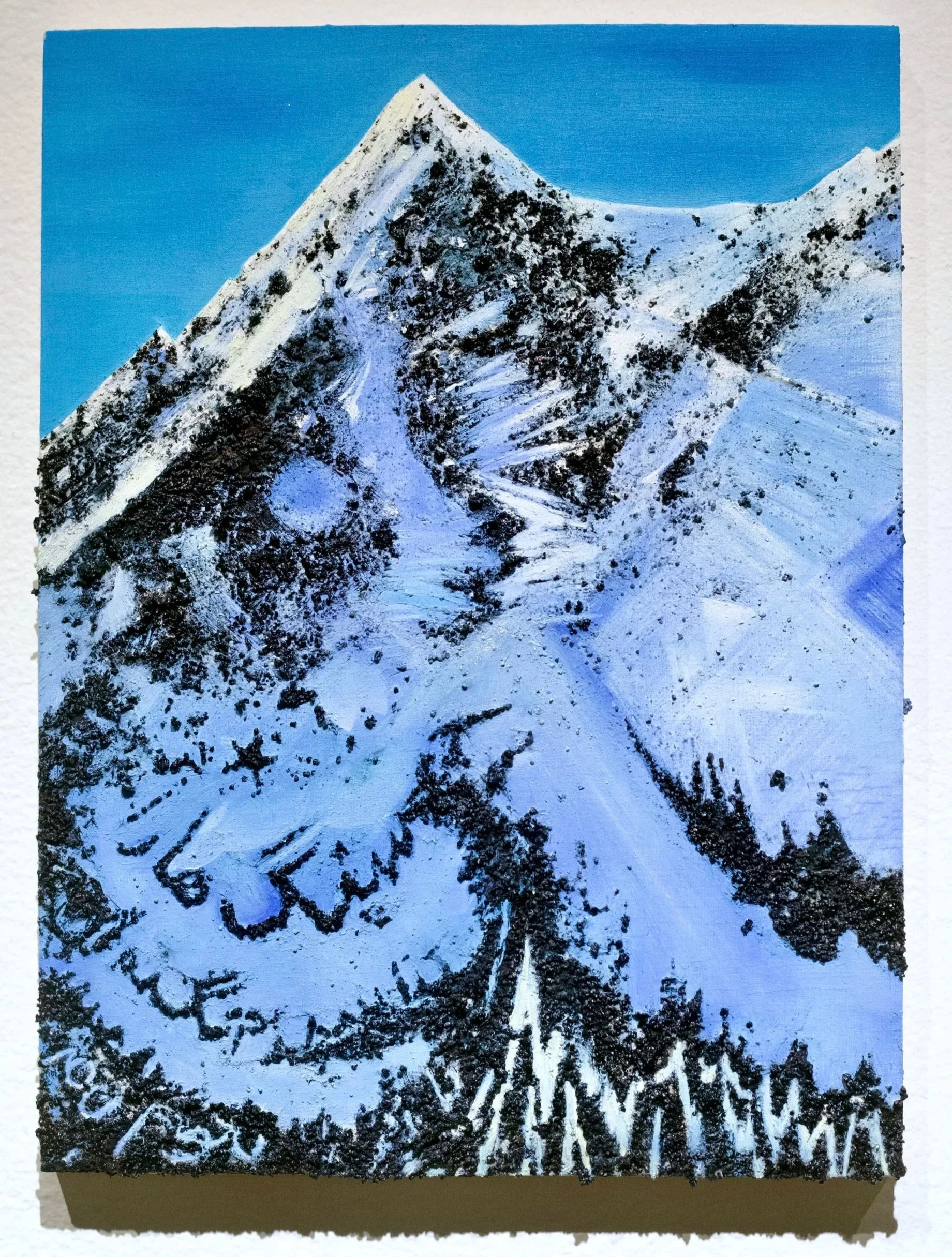 Painting of snow-covered mountains under blue sky with black ink words and trees at the bottom. Trees spelling text in Farsi. Painting made with copper overburden.