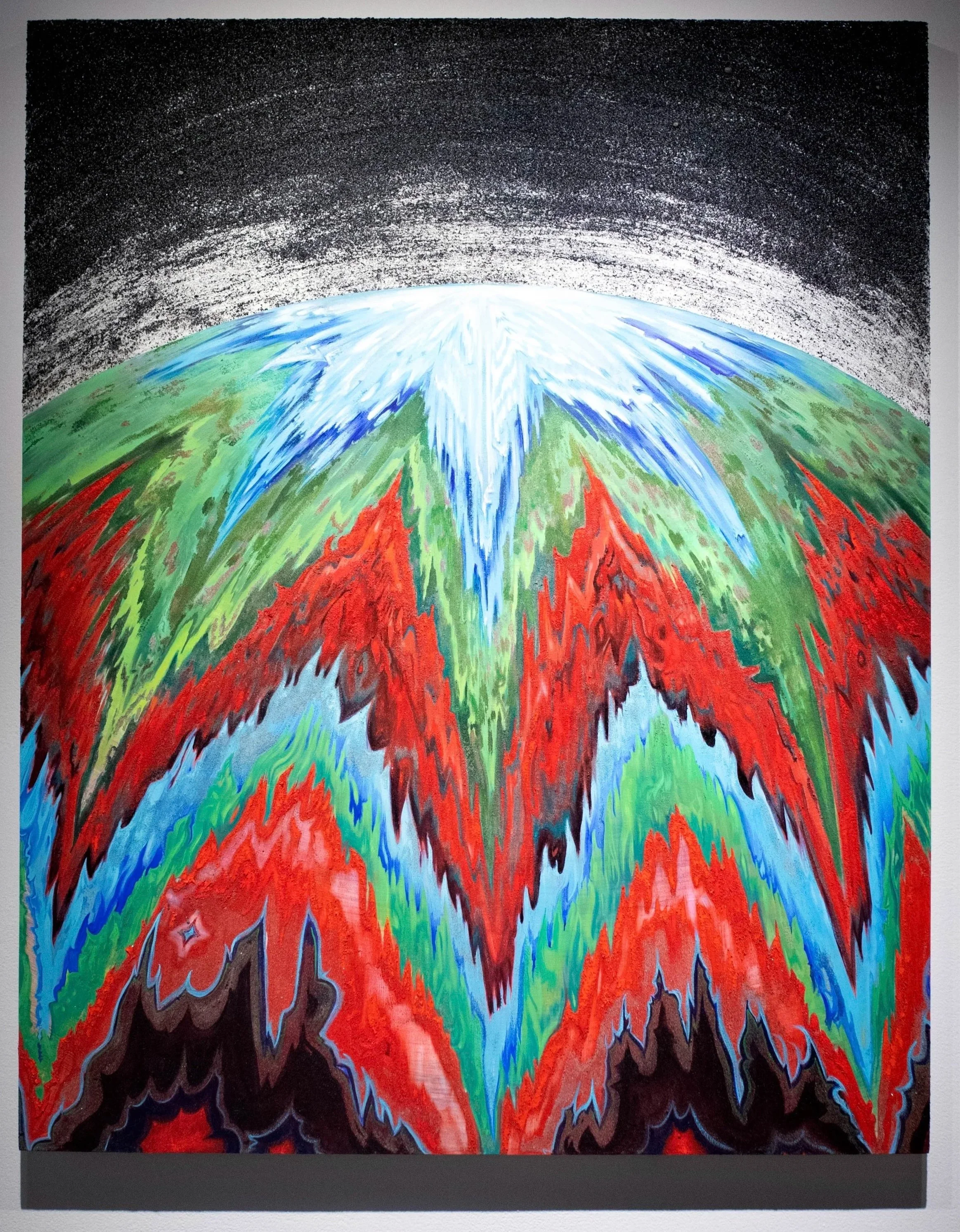 Super El Nino Super La Nina; my disappearing effigy, 40”x60”, copper overburden, rootbeer agate, sapphires, topaz, quartz, sand, moonstone, mica, and oil on wood panel, 2026