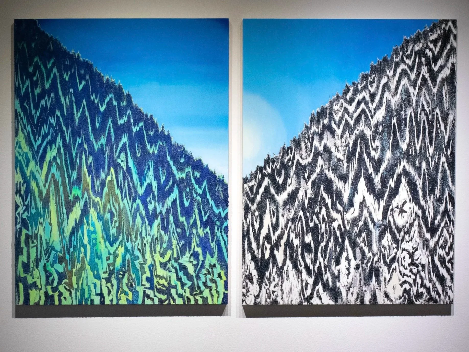 Reading the tree line summer (left)  30”x40”, copper overburden, oil on wood panel, 2026

Reading the tree line winter (right)  30”x40”, copper overburden, oil on wood panel, 2026
