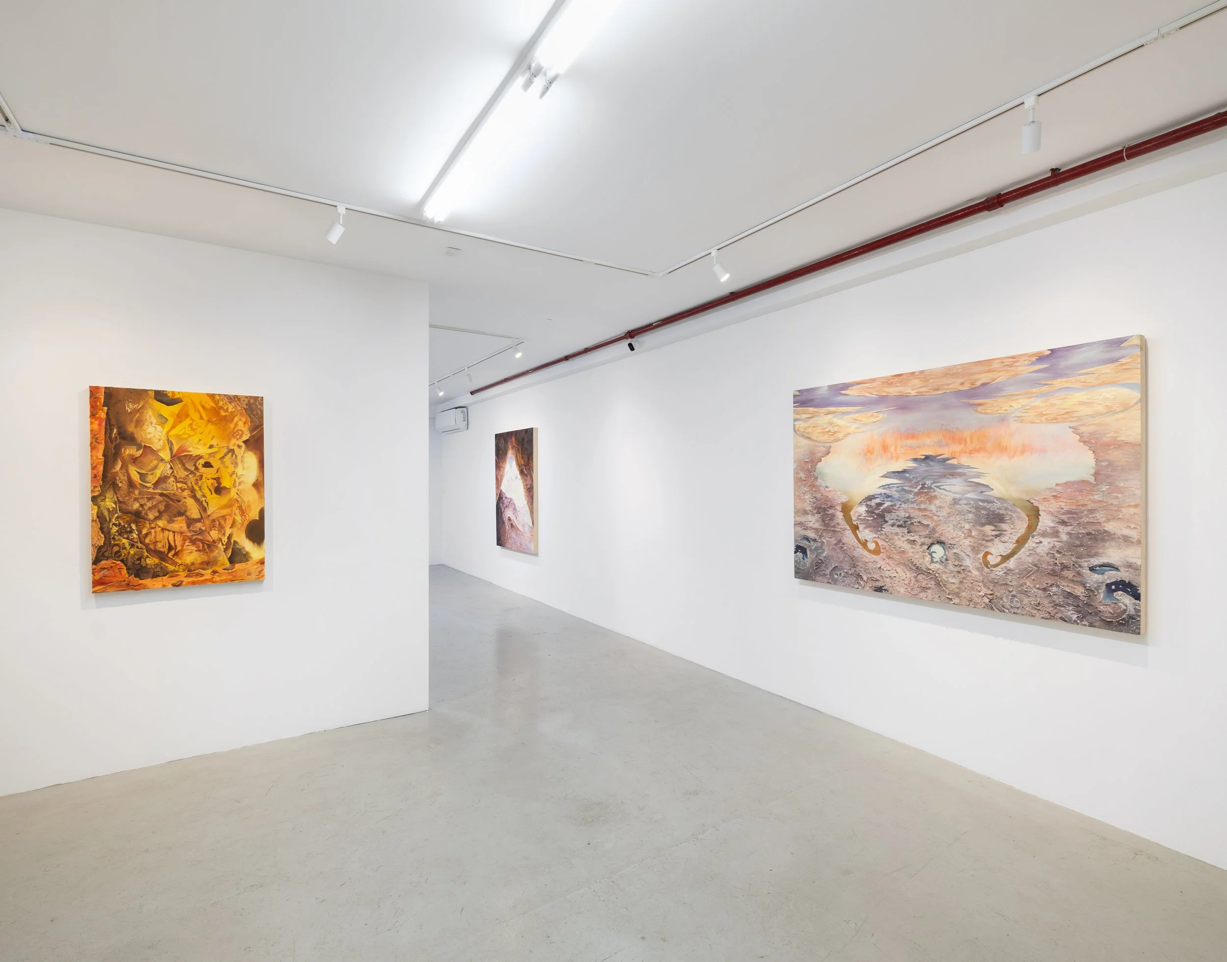 Art gallery with white walls and large colorful abstract paintings, ceiling track lighting, and air conditioning unit.