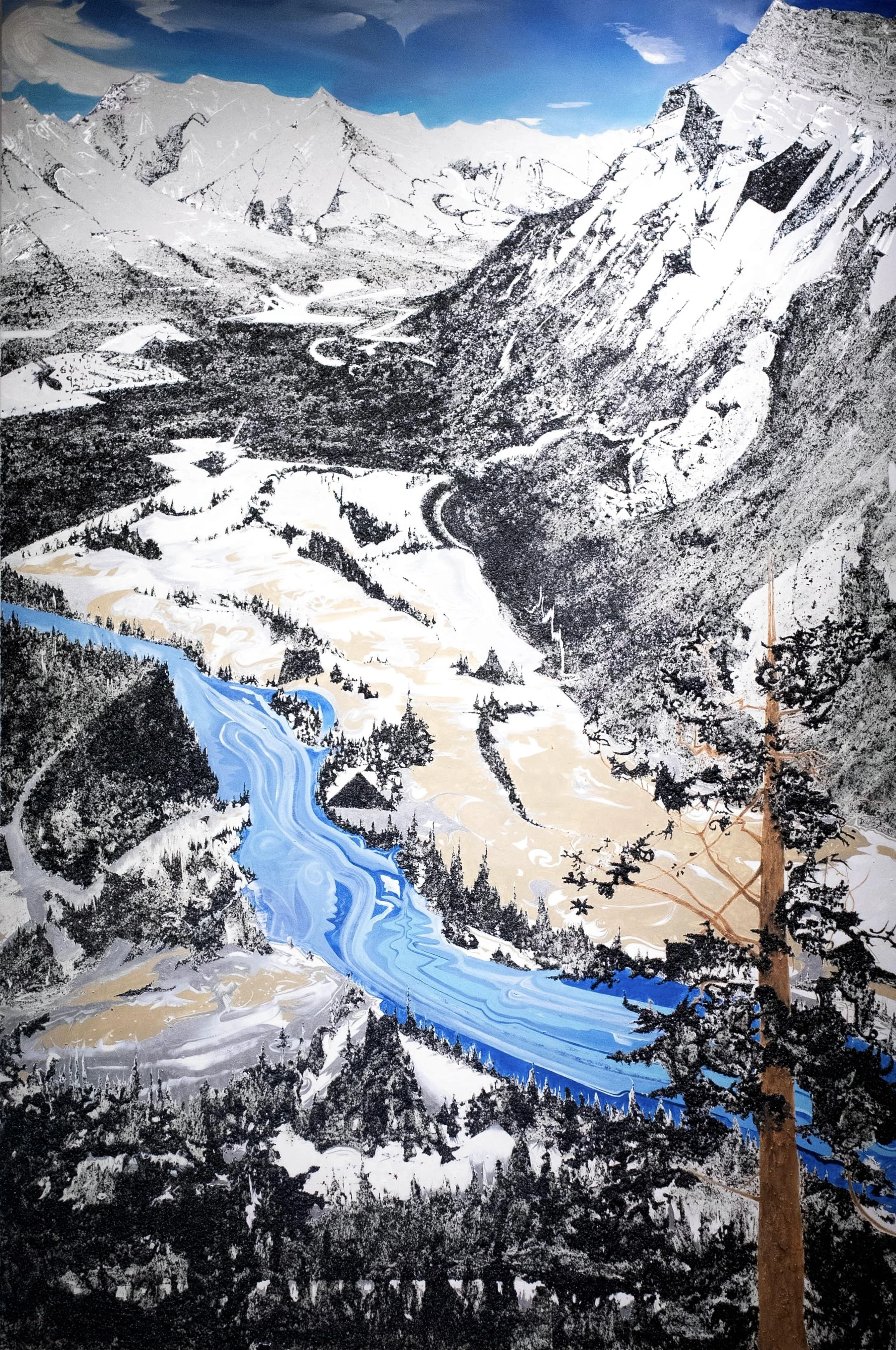 50 Degrees in the Canadian Rockies, 48”x72”, Copper overburden, silver leaf, silver ink, oil on wood panel