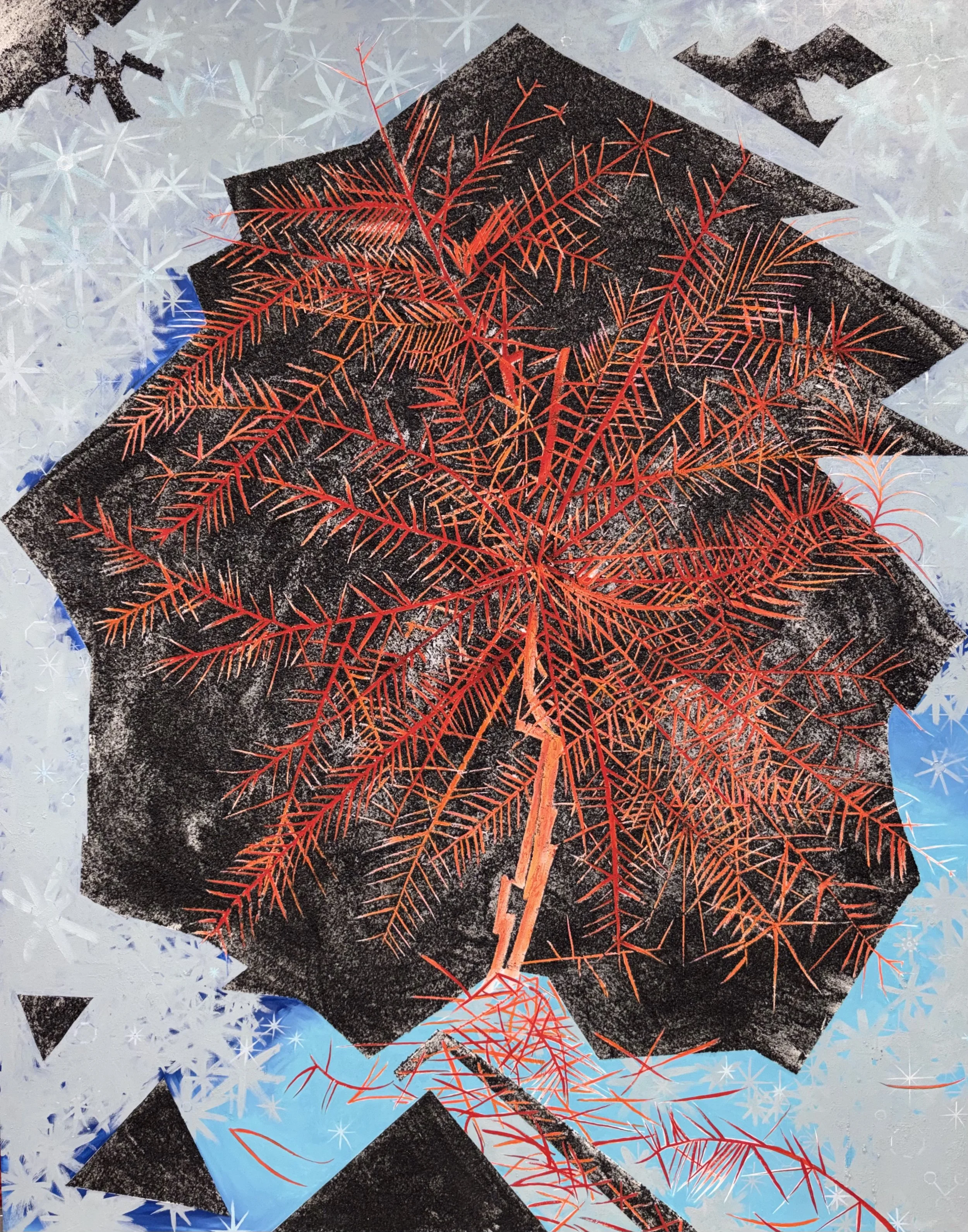 Young pinyon pine as a super nova, 40”x60”, Copper overburden and oil on panel, 2026