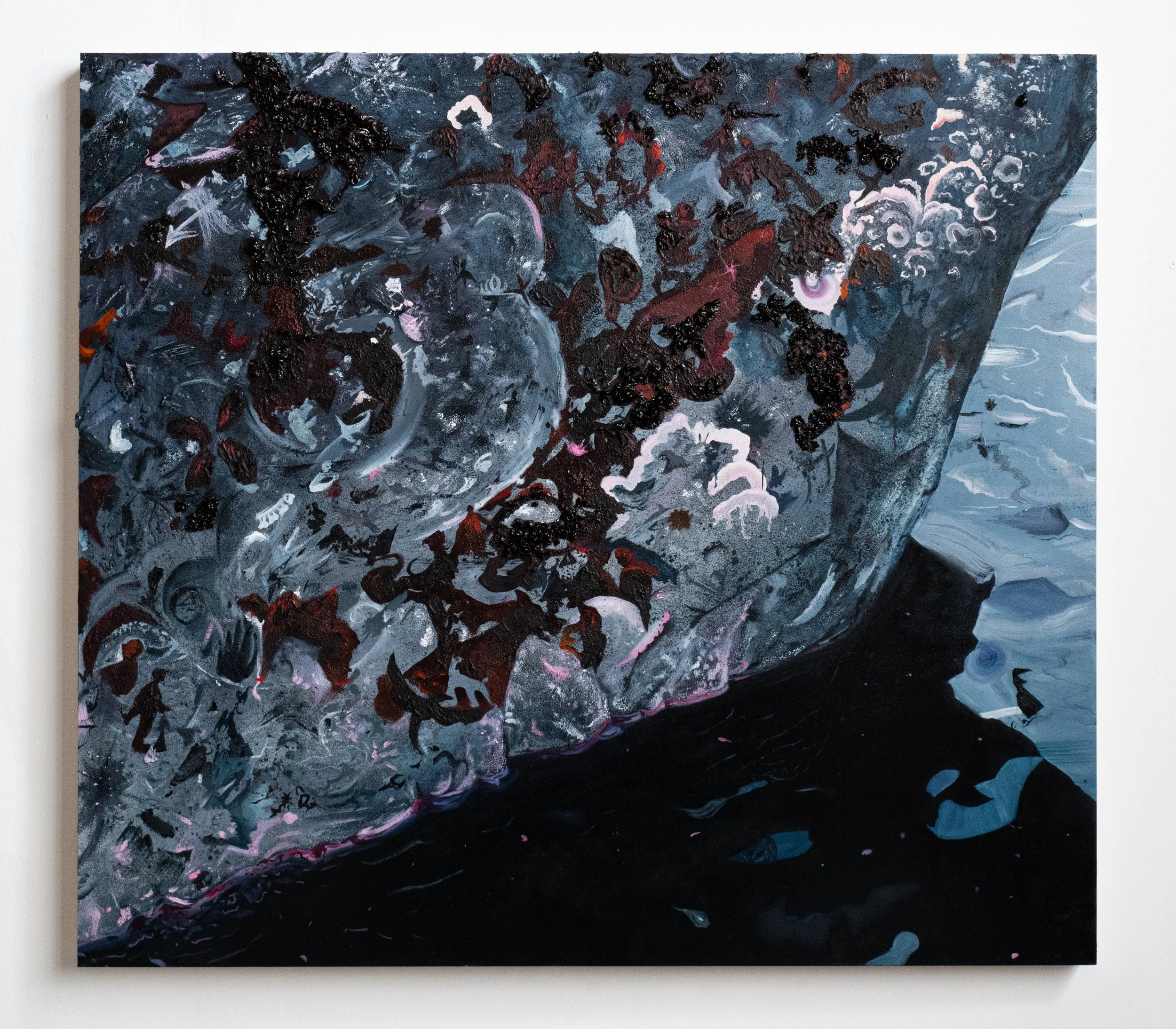 Abstract painting with dark blue, black, white, and pink colors, featuring swirling patterns and textured elements.
