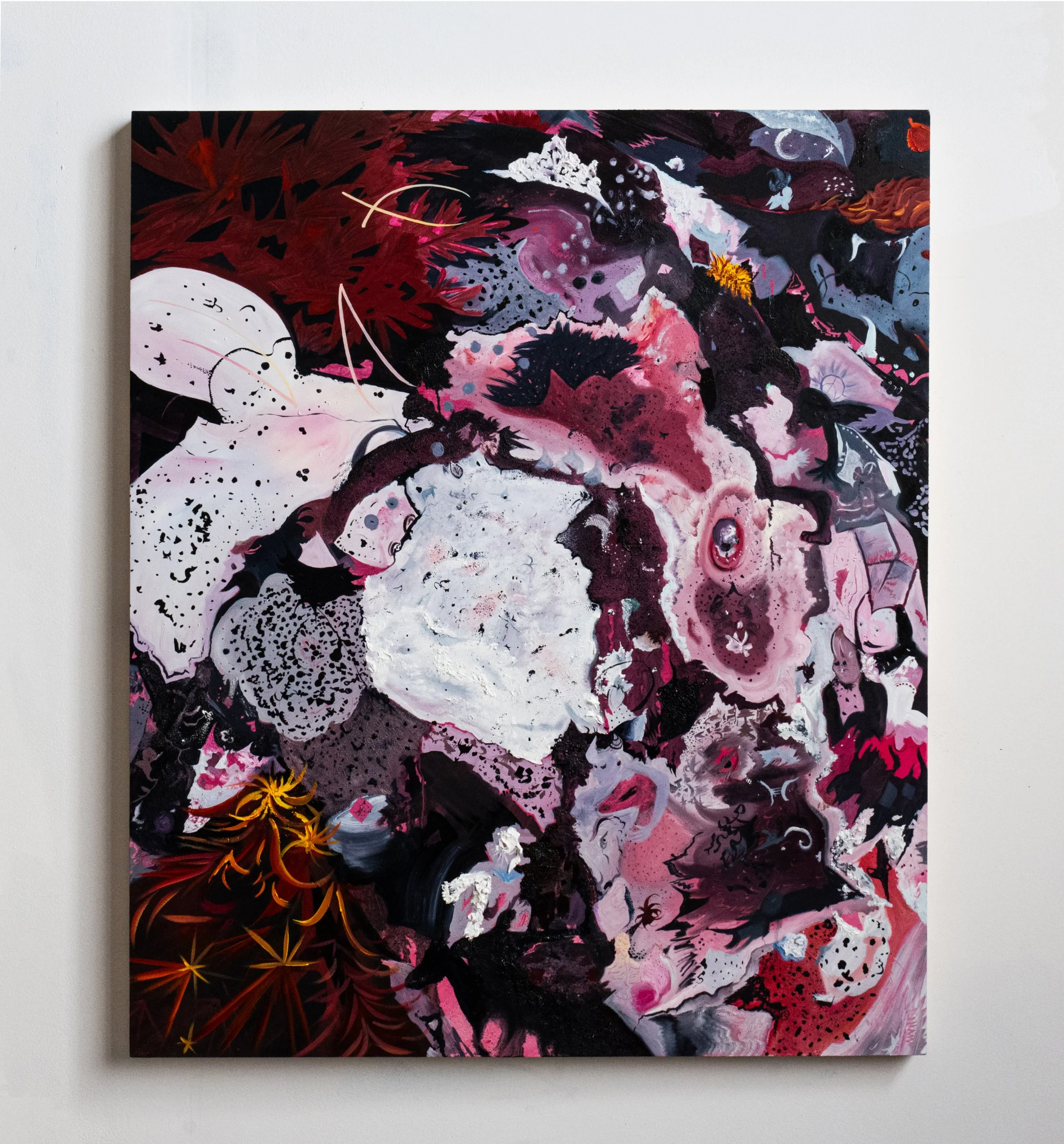 Abstract painting featuring dark reds, pinks, blacks, and whites with floral and cosmic motifs.