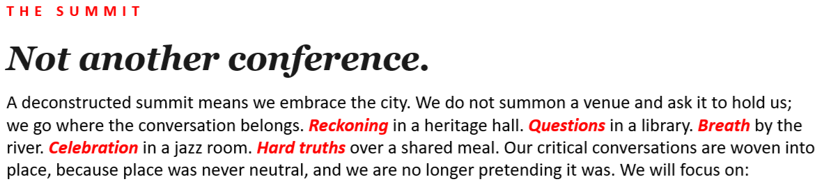 A webpage with the title 'Not another conference.' discussing embracing the city, heritage halls, libraries, rivers, jazz rooms, shared meals, and meaningful conversations.