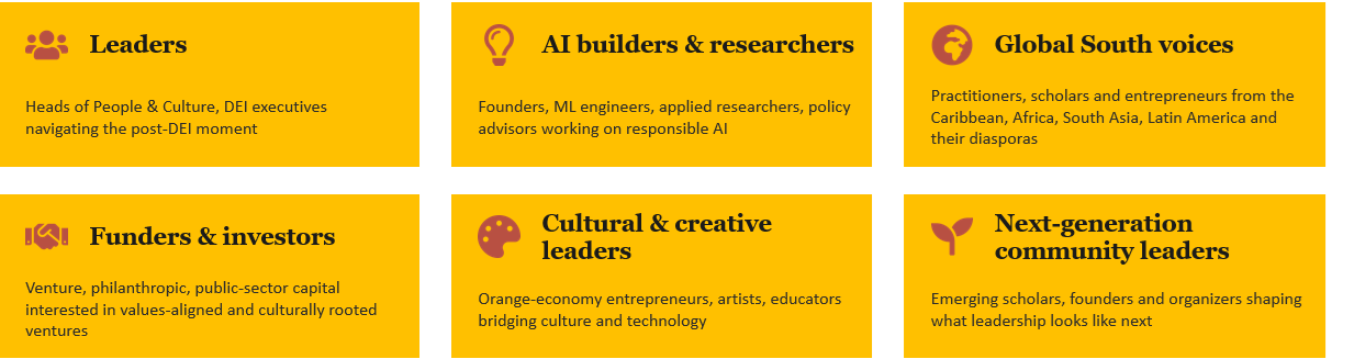 A graphic displaying six categories in a grid, each with a title, icon, and description, related to leadership, AI research, global voices, investment, cultural leaders, and emerging community leaders on a yellow background.
