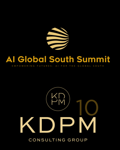 Logo for AI Global South Summit with a golden sun icon, event title, and KDPM Consulting Group branding.