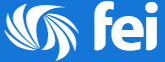 FEI logo with a stylized white feather on a blue background