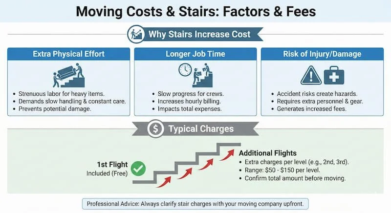 Moving costs significantly increase when stairs are involved due to the extra physical effort, longer time, and higher risk of injury for the moving crew. These factors necessitate slower handling of heavy items, which leads to increased hourly billi