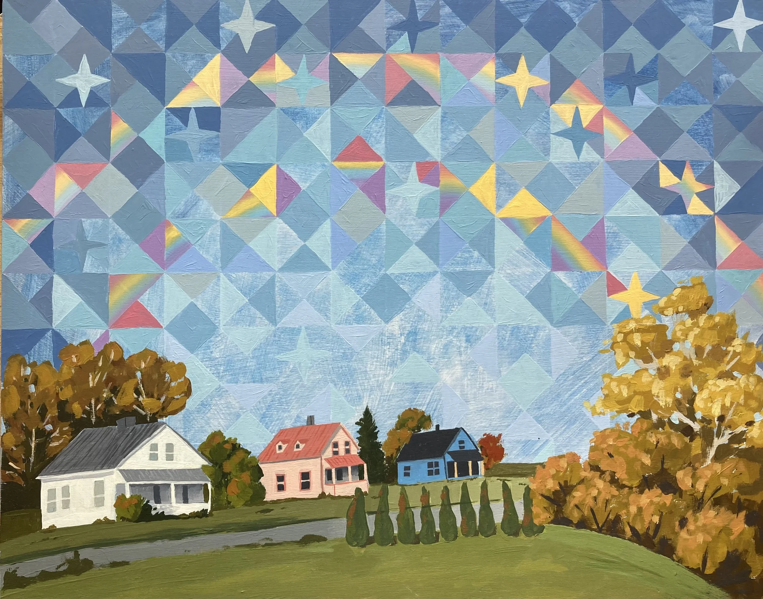 "Double Rainbow in East Burke", 2026, acrylic on wood panel, 14x11